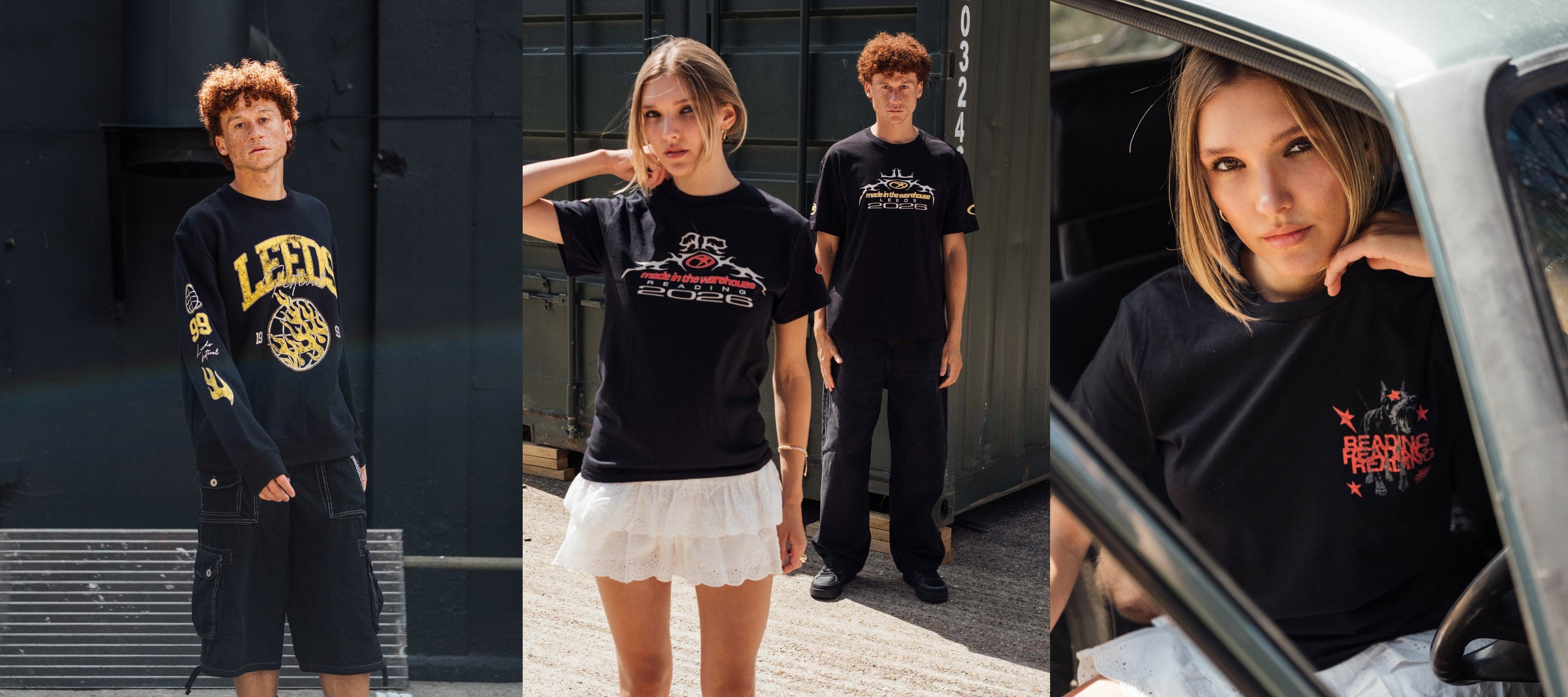 Three people wearing graphic t-shirts and casual outfits pose outdoors—one standing by a wall, two standing together, and one sitting in a car, all looking at the camera.