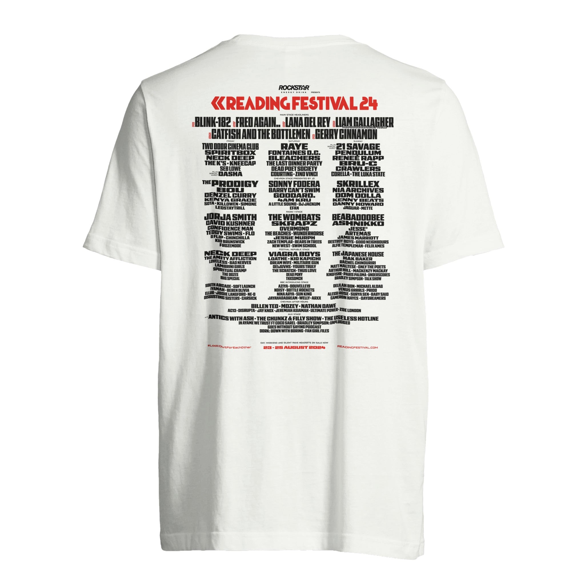 The Reading & Leeds Festival Reading 2024 Logo Line Up T-Shirt is a white, unisex cotton tee featuring the festival lineup printed on the back in bold black and red text under the event name.