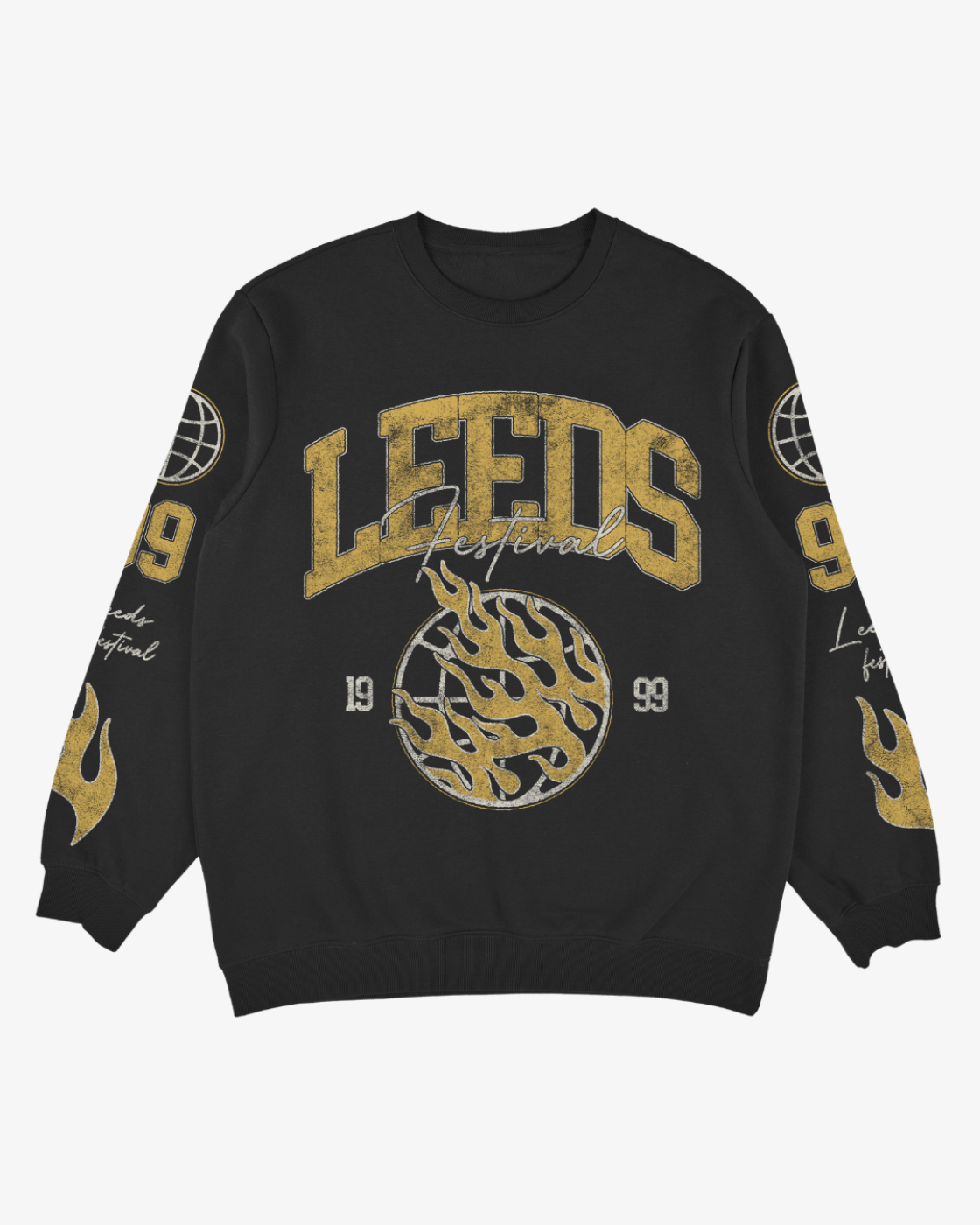The Click & Collect Leeds College Sweatshirt by R&L Click & Collect 2026 features bold gold “LEEDS Festival” lettering across the front, flame graphics, and a flaming globe design. The sleeves are detailed with “99,” flame motifs, and Leeds festival text.