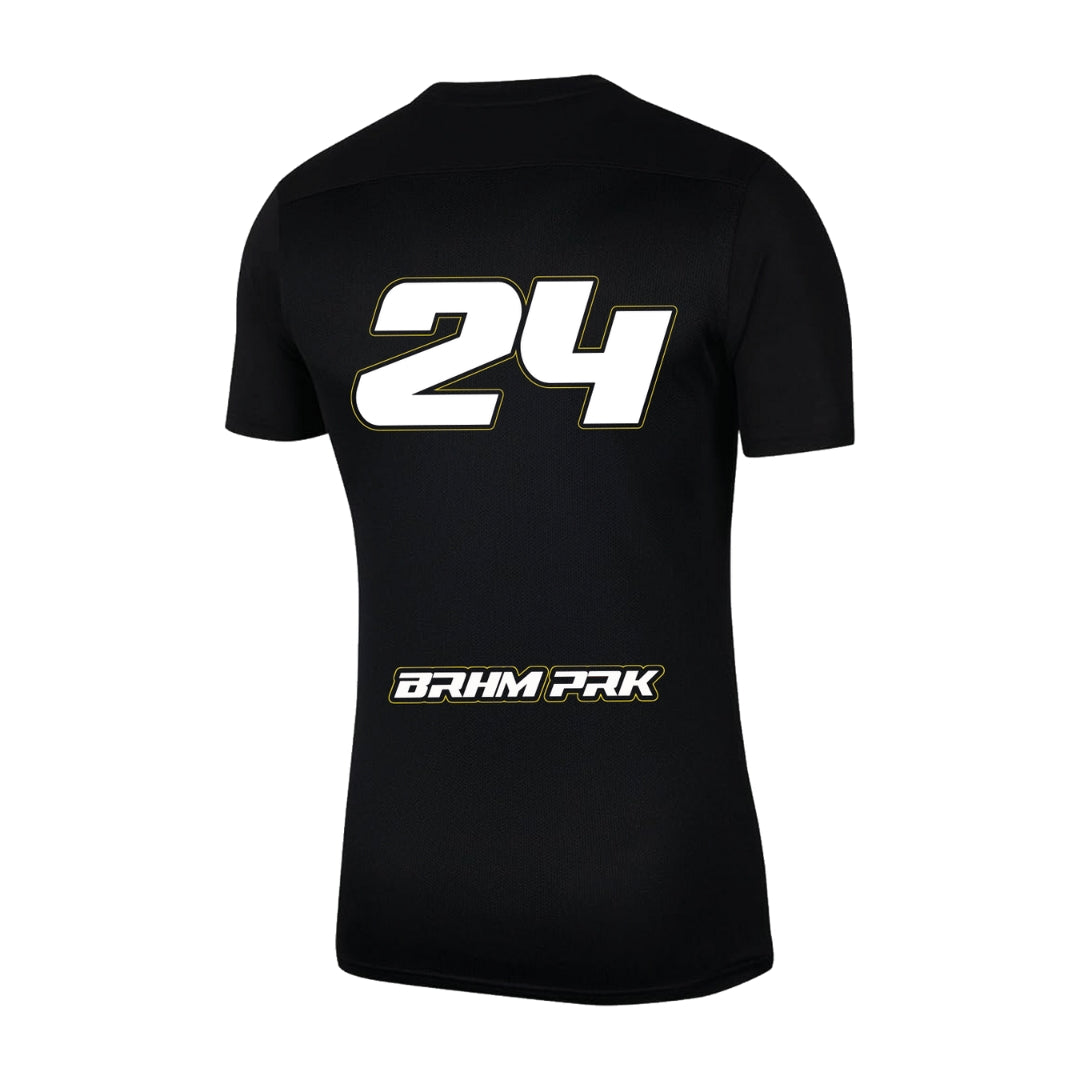 The Leeds Football Jersey by Reading & Leeds Festival is a black short-sleeve sports top with a large white 24 on the upper back and BAHM PRK in white below—an essential addition to any athletic wardrobe.
