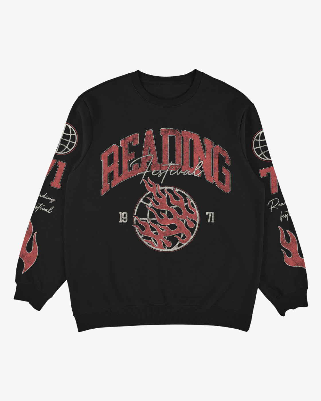 R&L Click & Collect 2026’s Click & Collect Reading College Sweatshirt features bold READING Festival 1971 text, red flame graphics, and globe designs on the sleeves, with decorative flames embellishing both the front and sleeves.