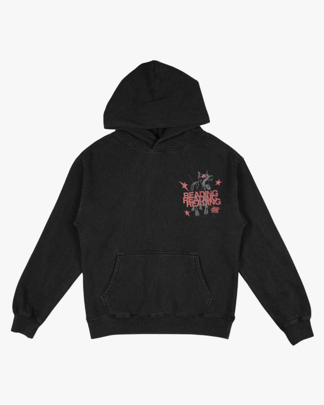 The Click & Collect Reading Dog Hoodie by R&L Click & Collect 2026 is a black hoodie featuring a front pocket and hood. On the upper left chest, red text reads “READING IS HEALING,” surrounded by pink and white stars with small decorative details.