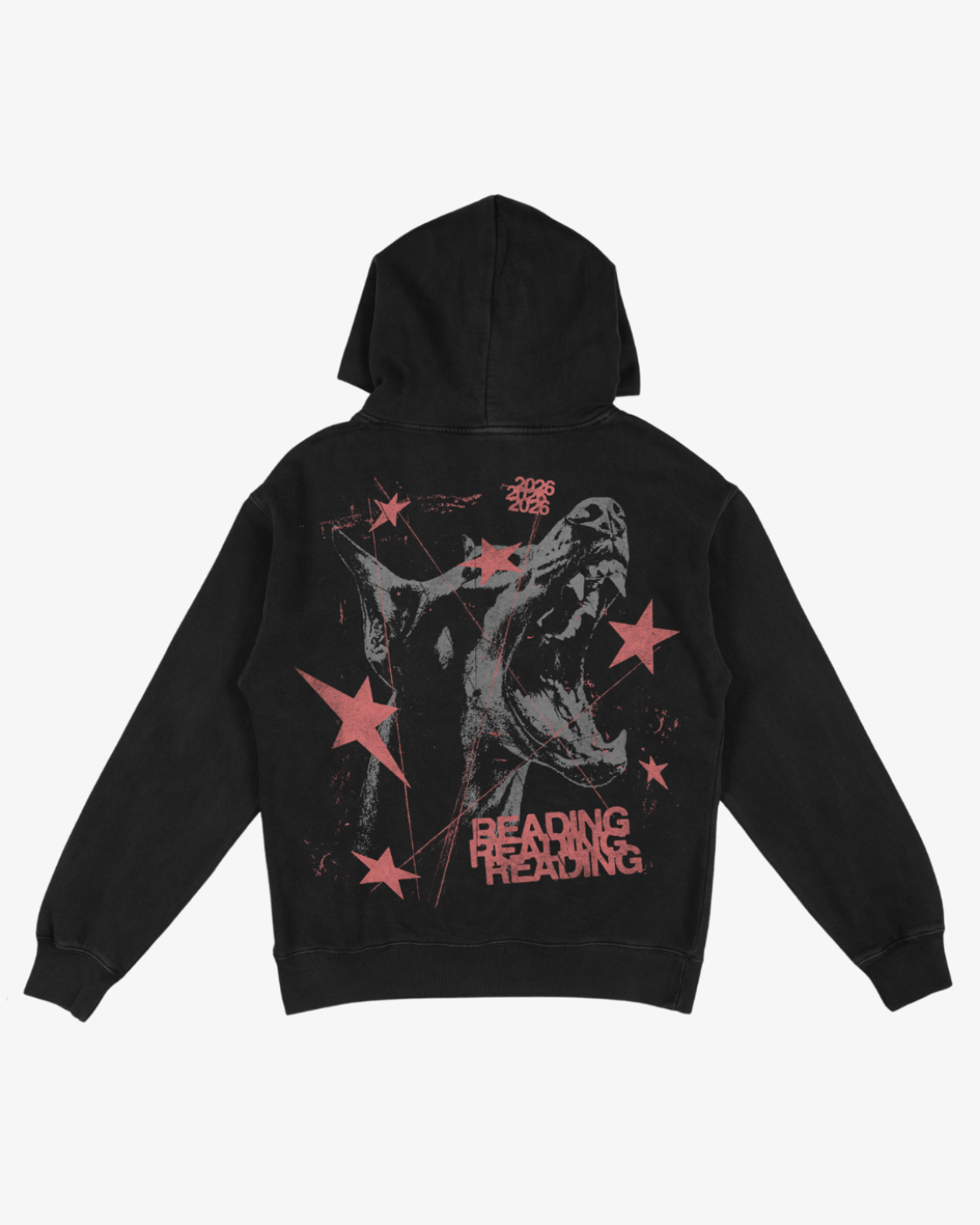 Black hooded sweatshirt featuring red stars, a playful reading dog graphic, and “READING READING READING” alongside “2023 2024” printed on the back. Product: Click & Collect Reading Dog Hoodie by R&L Click & Collect 2026.