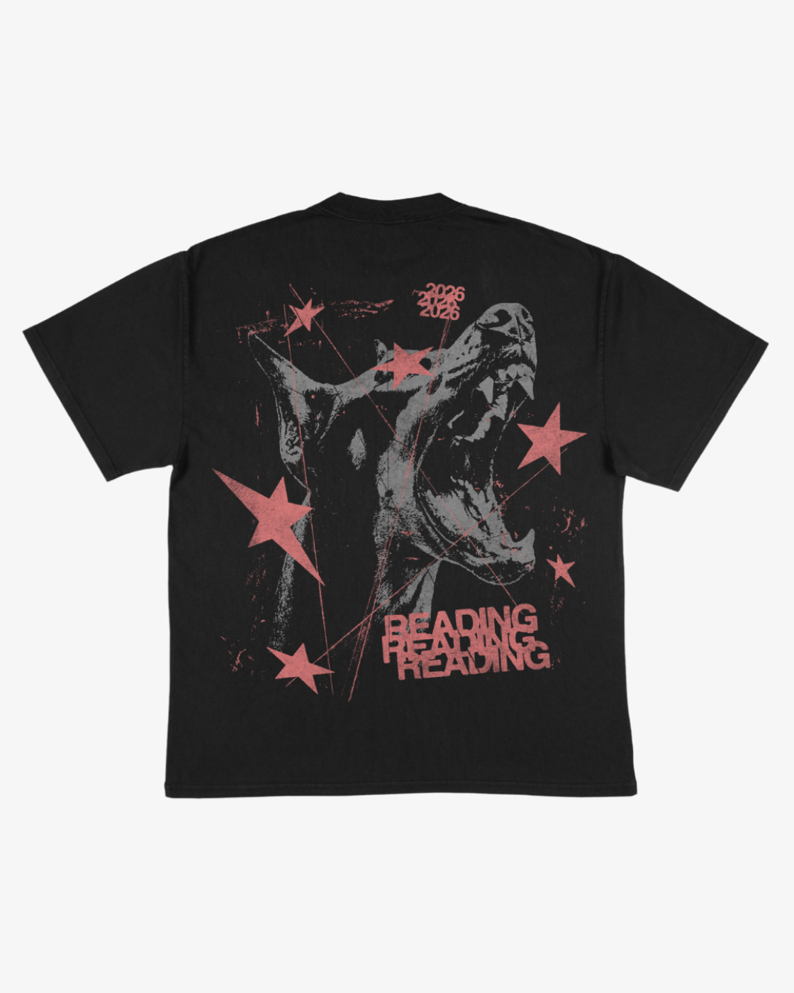 Sure! Here’s a rewritten sentence using your product data: The Click & Collect Reading Dog T-Shirt by R&L Click & Collect 2026 is a black tee featuring a distressed graphic of a screaming face, red stars, the word “READING” repeated three times, and “2024 2025” at the top.