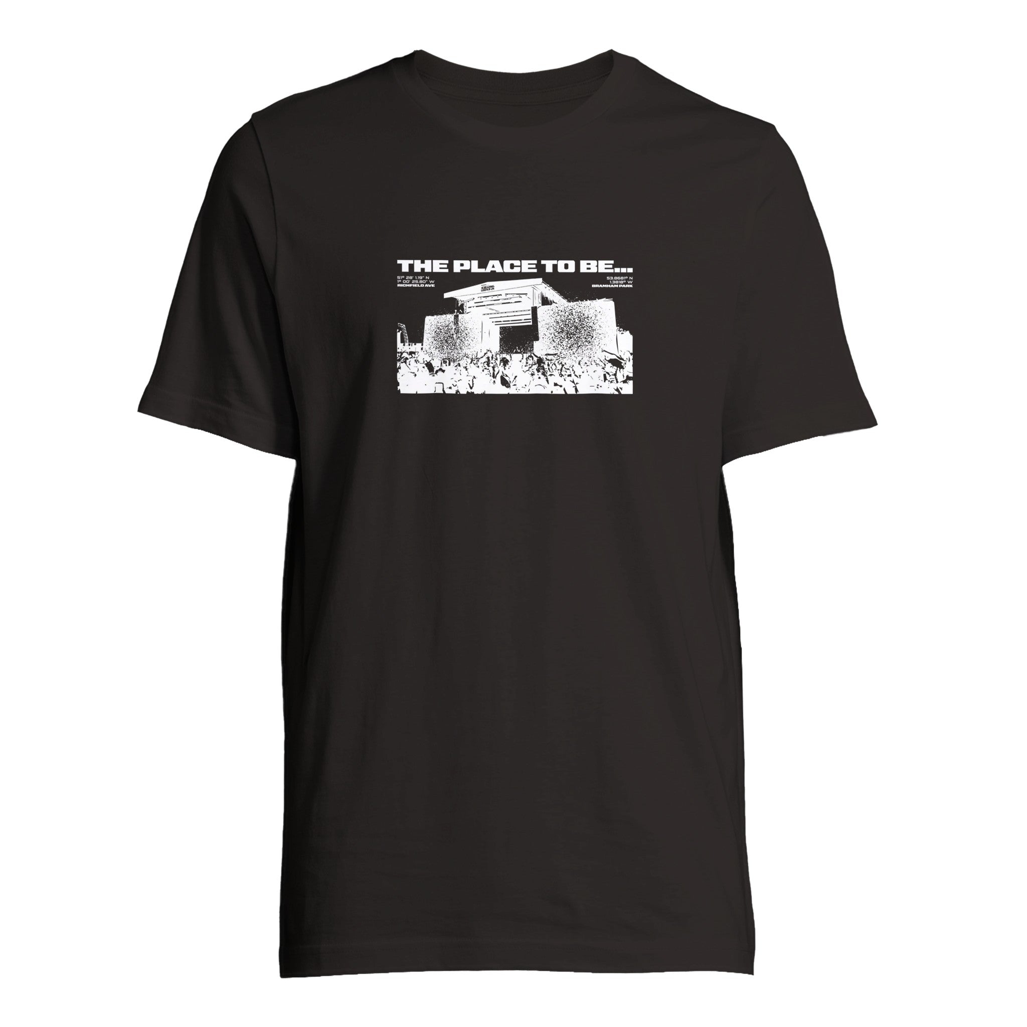 The Reading & Leeds Festival Reading 2024 Stage Line Up T-Shirt is a black unisex cotton tee with a white graphic of two buildings above a crowd and THE PLACE TO BE... in bold lettering.