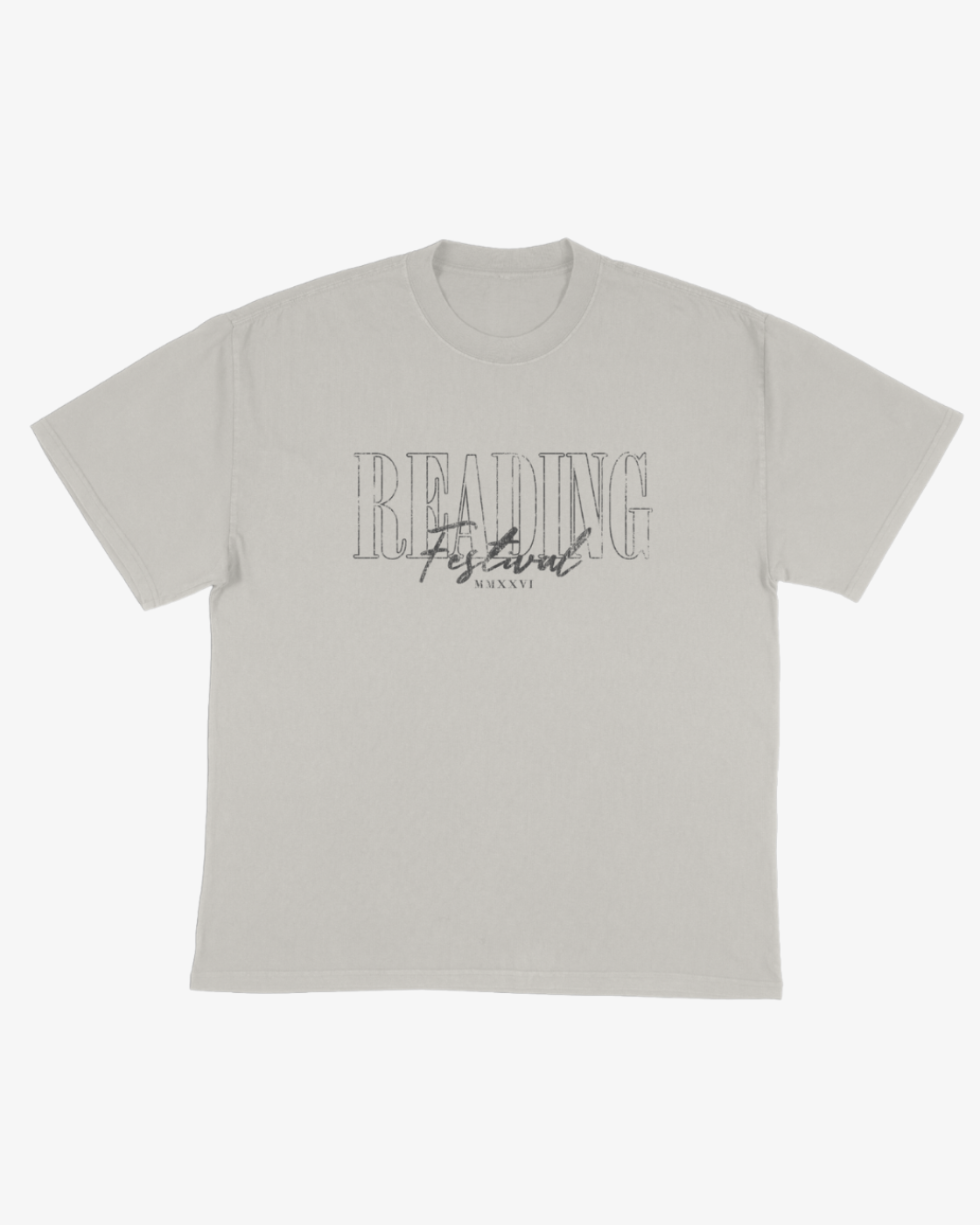 Light grey Click & Collect Reading Cherub T-Shirt by R&L Click & Collect 2026, featuring a minimal, centered design with “READING Festival MMXVI” printed in black stylized font across the chest.