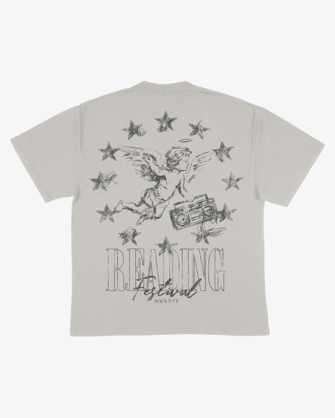 The Click & Collect Reading Cherub T-Shirt by R&L Click & Collect 2026 features a beige design with a graphic of a cherub holding a boombox and surrounded by stars. Below the graphic, “READING festival MMXXII” is printed in bold and script fonts.