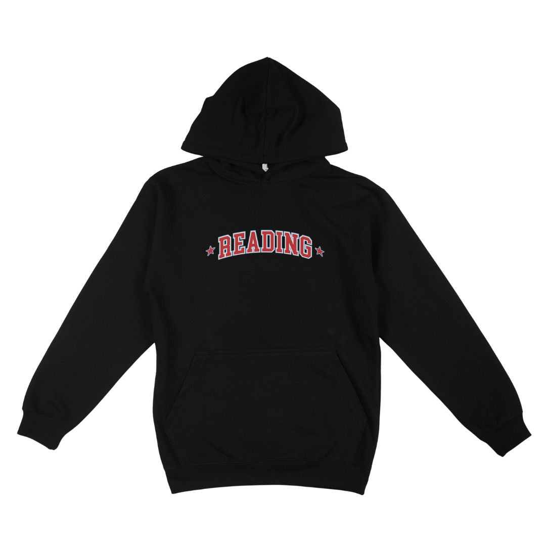 Introducing the Reading Festival 2026 Line-Up Black Hoodie from Reading & Leeds Festival: a unisex black hoodie made from ultra-soft Ringspun Cotton, showcasing bold red and white “READING” lettering between two small red stars across the front.
