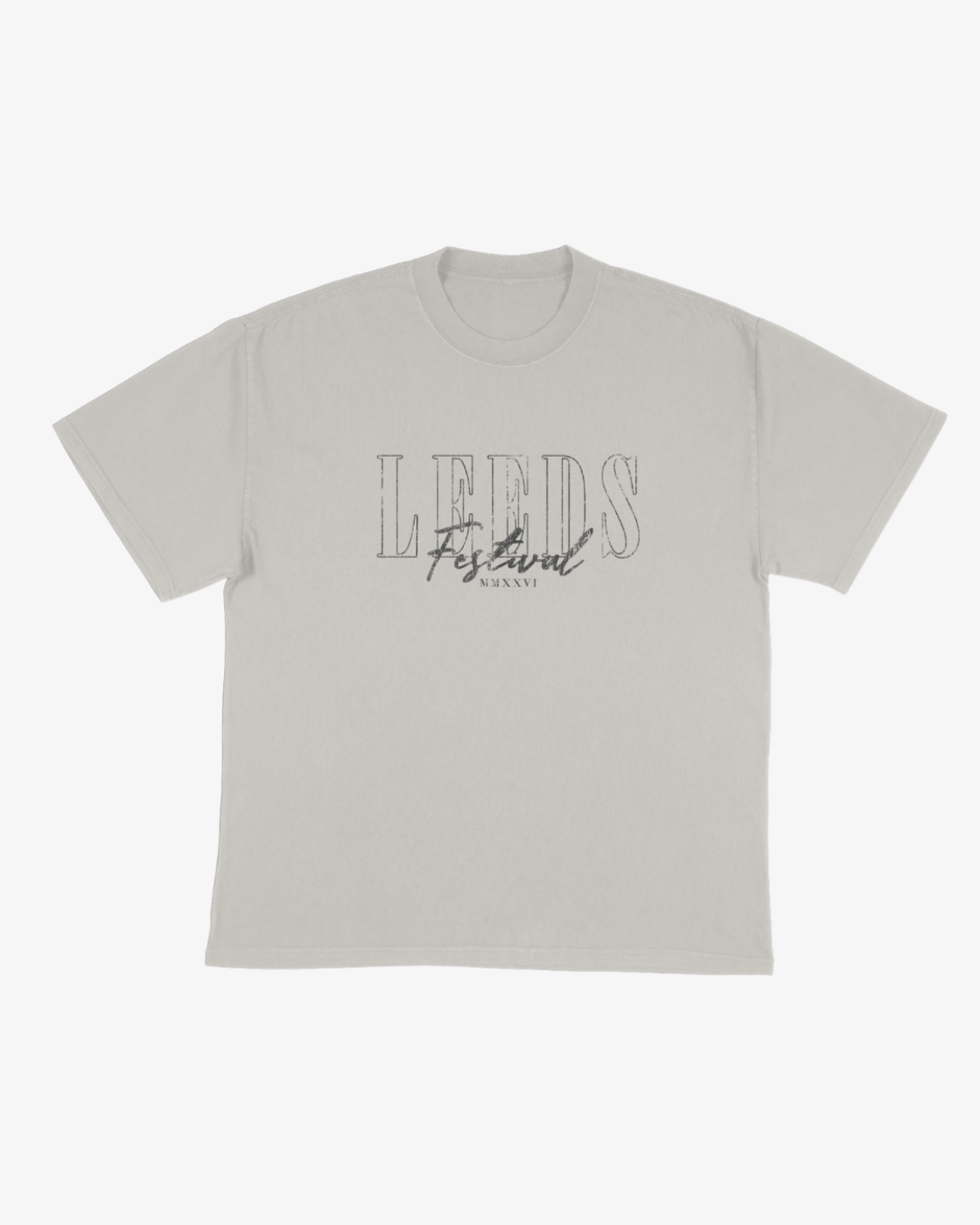 Light gray Click & Collect Leeds Cherub T-Shirt by R&L Click & Collect 2026, featuring “LEEDS Festival” and “XXVIII” in thin, dark artistic lettering centered on the chest for a simple, stylish look.