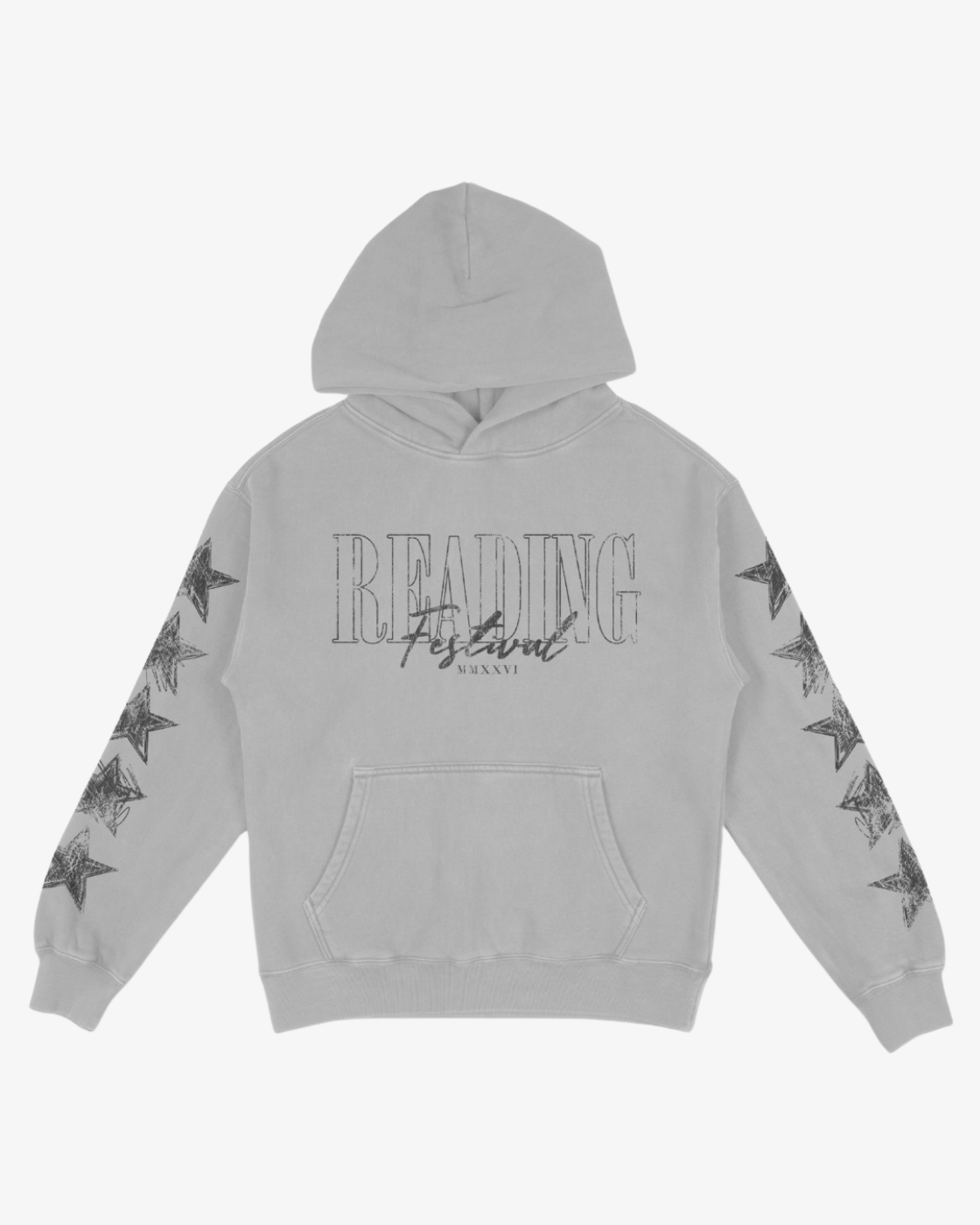 The Click & Collect Reading Cherub Hoodie by R&L Click & Collect 2026 is a light gray hooded sweatshirt featuring “READING FESTIVAL” printed on the front and black stars running along both sleeves. It includes a front pouch pocket and is displayed against a plain white background.