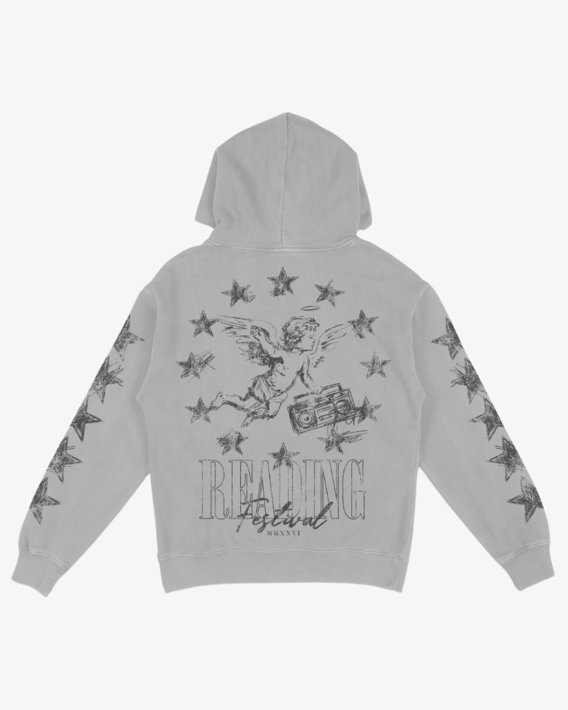 The Click & Collect Reading Cherub Hoodie by R&L Click & Collect 2026 features a gray design with a graphic of a cherub holding a boombox, surrounded by stars on the back. Below the artwork, “READING festival” and “MMXXI” are printed.
