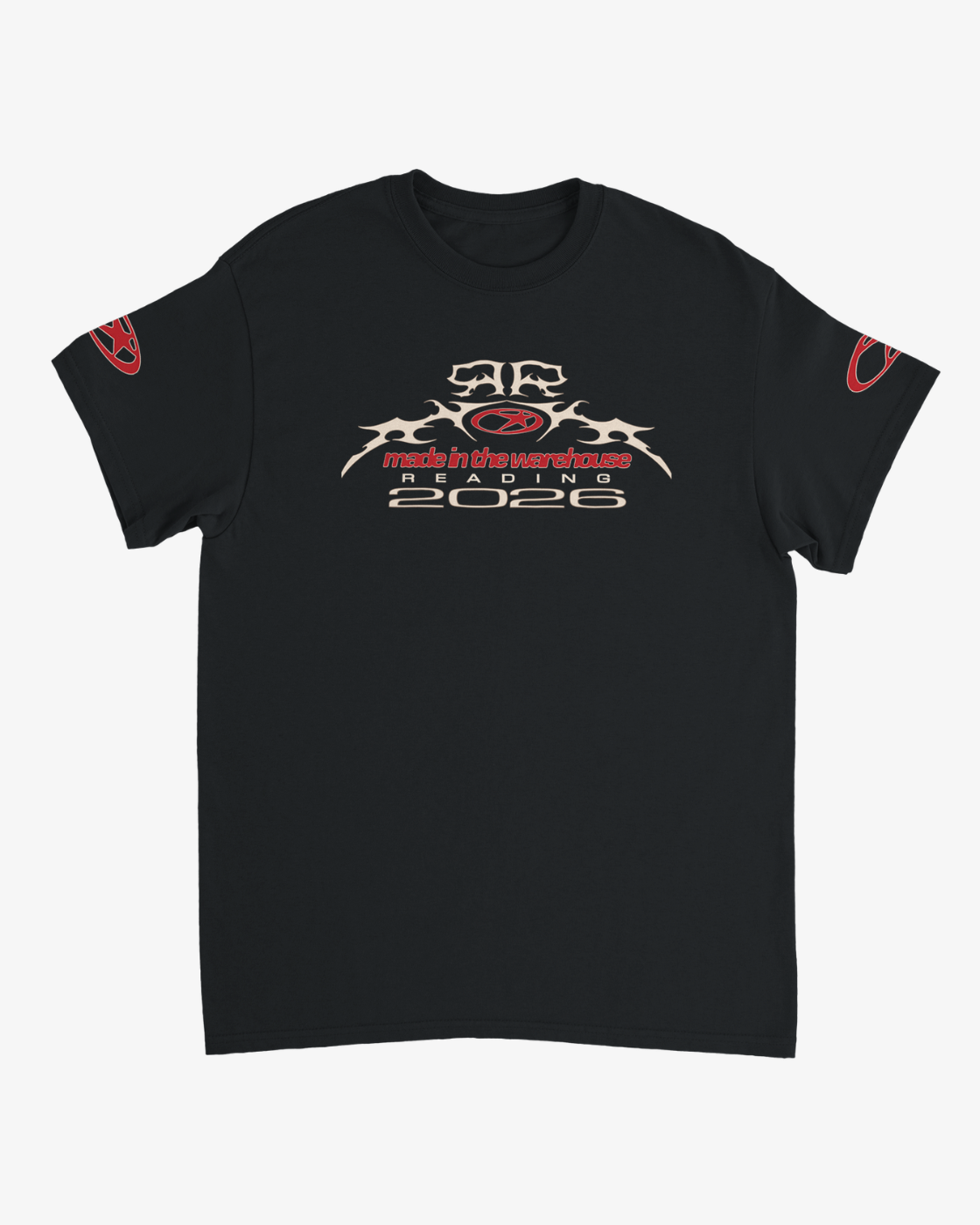 R&L Click & Collect 2026 black t-shirt featuring red and beige racing-style graphics and text that reads “Made in the Warehouse” on the front, with a red logo on each sleeve. Product name: Click & Collect Reading Made in the Warehouse T-Shirt.