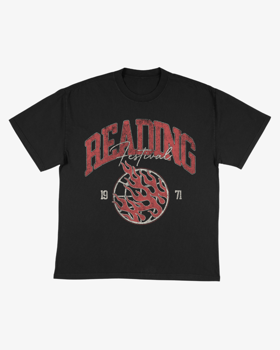 Sure! Here’s a rewritten sentence using your product data: Black Click & Collect Reading College T-Shirt by R&L Click & Collect 2026, featuring “READING Festival 1971” in red and white text above a red flaming basketball graphic.