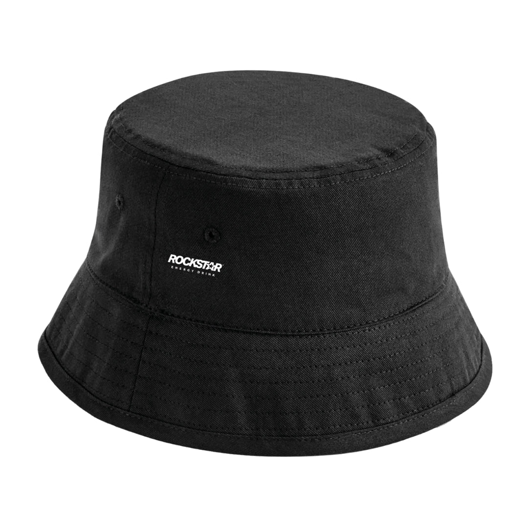 The Reading Bucket Hat by Reading & Leeds Festival features ROCKSTAR and small text in white on the side, visible stitching, and a classic black design. Ideal for standout streetwear and festival fans. Displayed on a white background.
