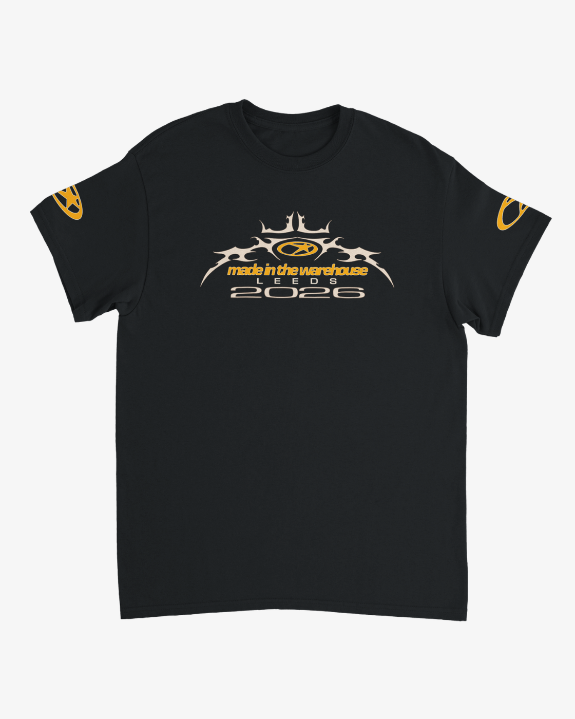 R&L Click & Collect 2026’s Click & Collect Leeds Made in the Warehouse T-Shirt features a black design with bold gold graphic text reading “made in the warehouse club 2026” and an abstract crown and oval motif on the chest, complemented by matching gold oval accents on both sleeves.