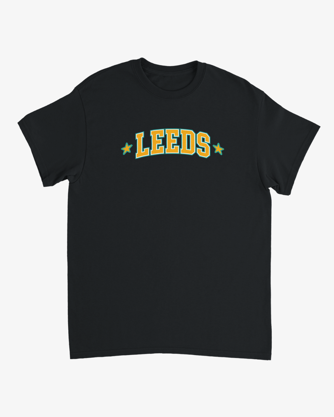 The R&L Click & Collect 2026 Leeds Black Line-Up T-Shirt is a black tee displaying the word LEEDS in bold yellow and white letters with green outlines, flanked by two green stars on either side.