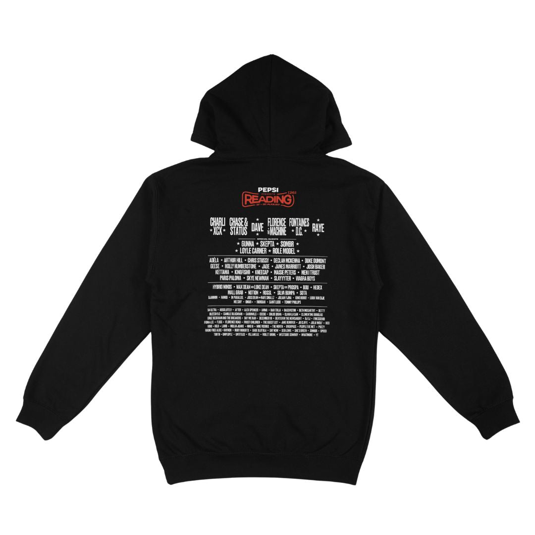 Introducing the Reading Festival 2026 Line-Up Black Hoodie by Reading & Leeds Festival. Featuring the iconic festival logo on the front and the 2026 line-up of bands and artists printed in bold white text on the back, this unisex hoodie is crafted from super soft Ringspun Cotton for ultimate comfort and style—a must-have for any true festival fan.