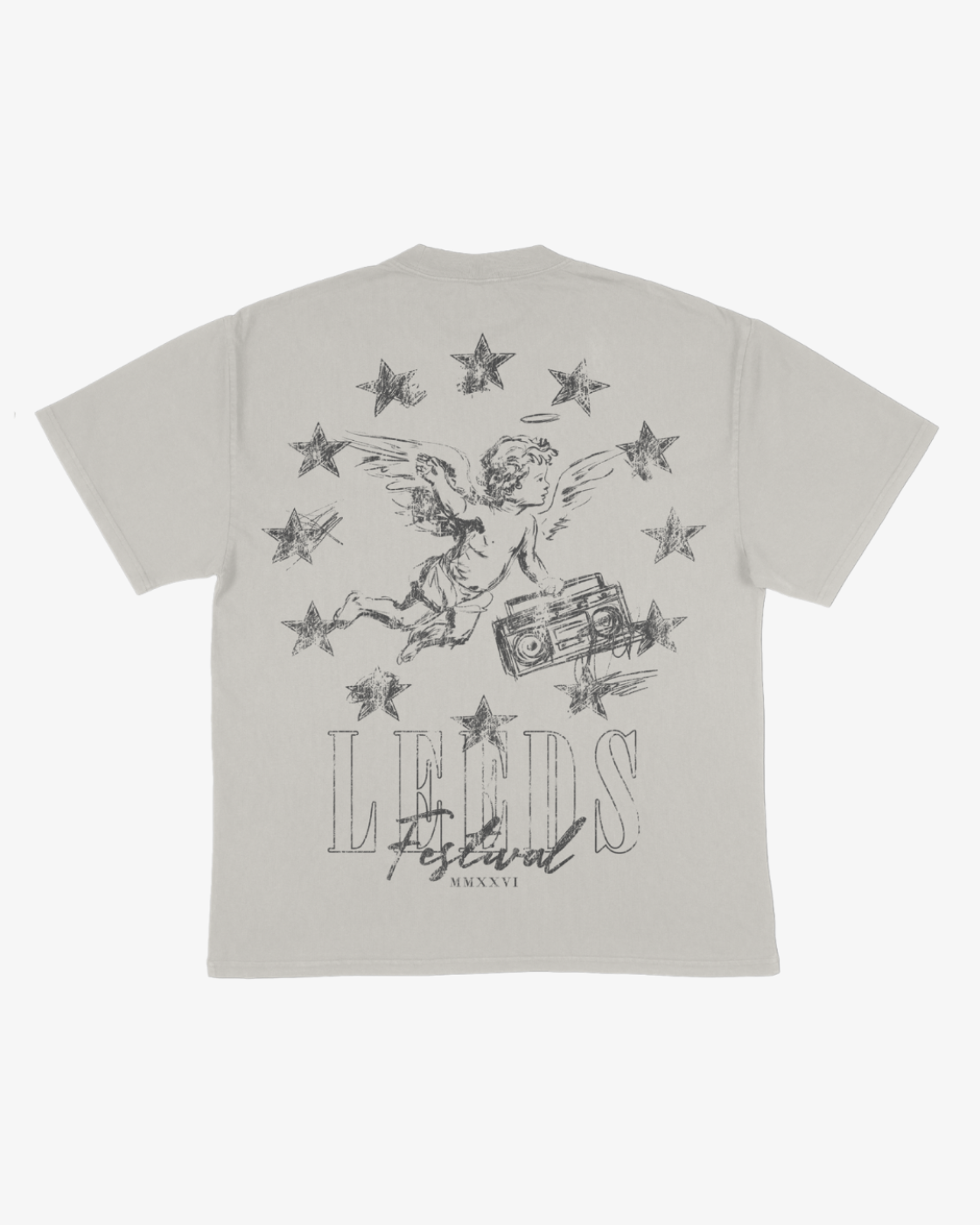 The Click & Collect Leeds Cherub T-Shirt by R&L Click & Collect 2026 features a light gray design with a sketch of a winged cherub holding a boombox surrounded by stars, and “LEEDS Festival MMXXII” written below in large, artistic font.