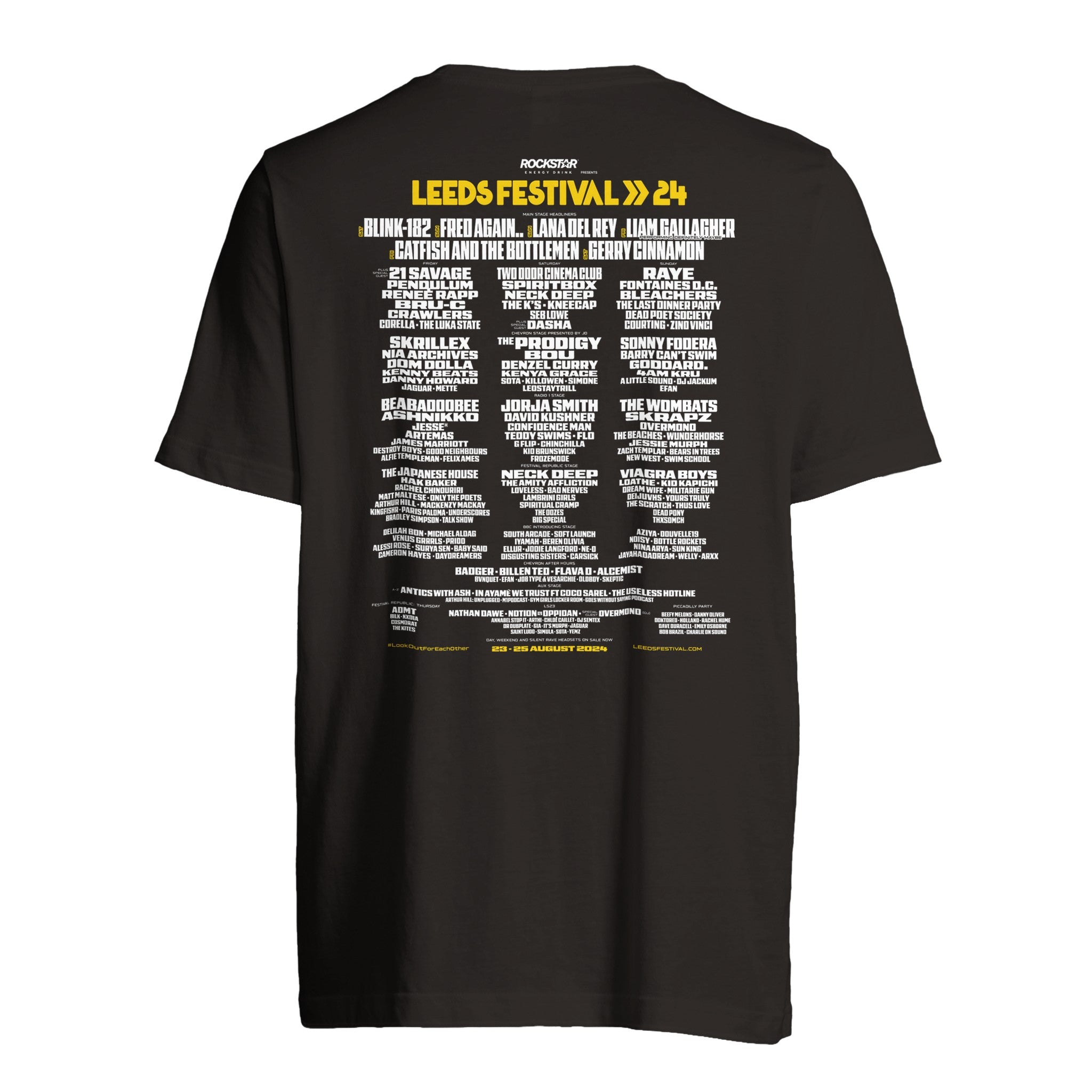 The Leeds 2024 Logo Line Up T-Shirt by Reading & Leeds Festival is a black unisex tee with the 2024 lineup in yellow and white on the back, featuring headliners like Blink-182, Fred Again.., and Lana Del Rey. Made from quality cotton for comfort.