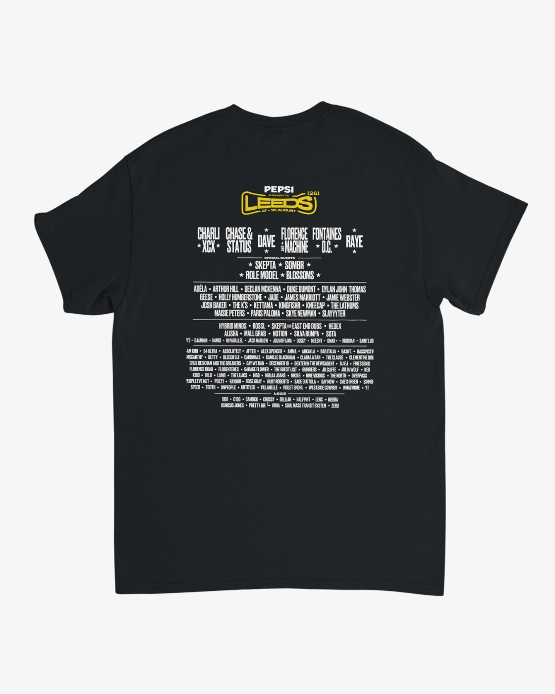 Introducing the Click & Collect 2026 Leeds Black Line-Up T-Shirt by R&L Click & Collect 2026. This black t-shirt features a Pepsi and Leeds Festival logo at the top, with the names of headlining and supporting music artists and bands printed underneath in white text.