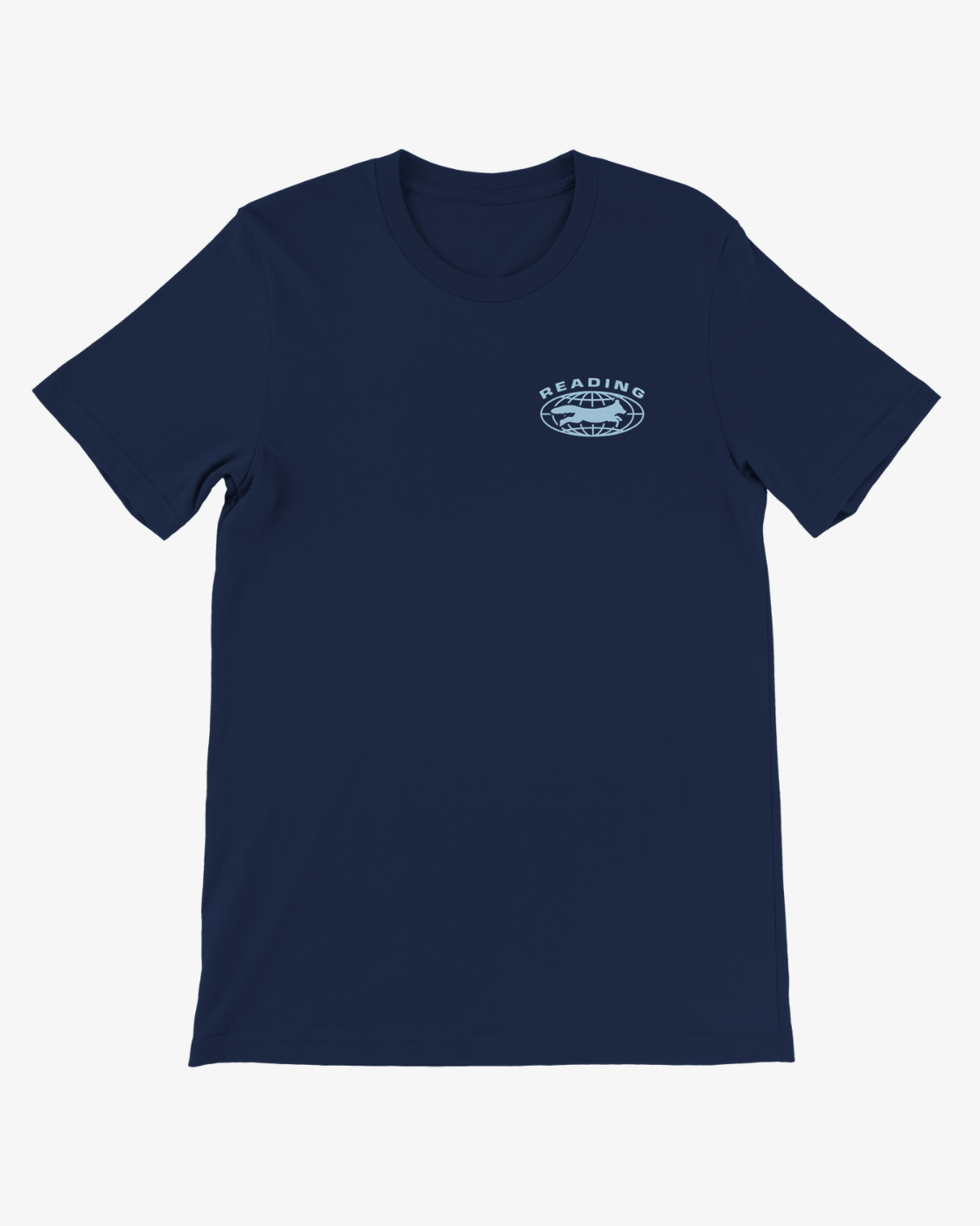 The Click & Collect Reading Blue Repeat Logo T-Shirt by R&L Click & Collect 2026 features a navy blue design with a small, light blue circular Reading patch logo on the left chest. The t-shirt is shown against a plain white background.