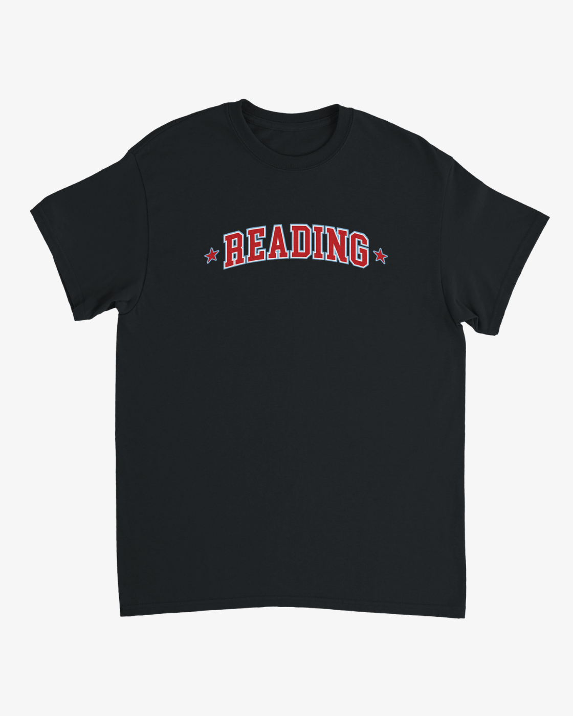 The R&L Click & Collect 2026 Reading Black Logo Line-Up T-Shirt features the word “READING” in bold red and white letters arched across the chest, accented by two small red stars on either side.
