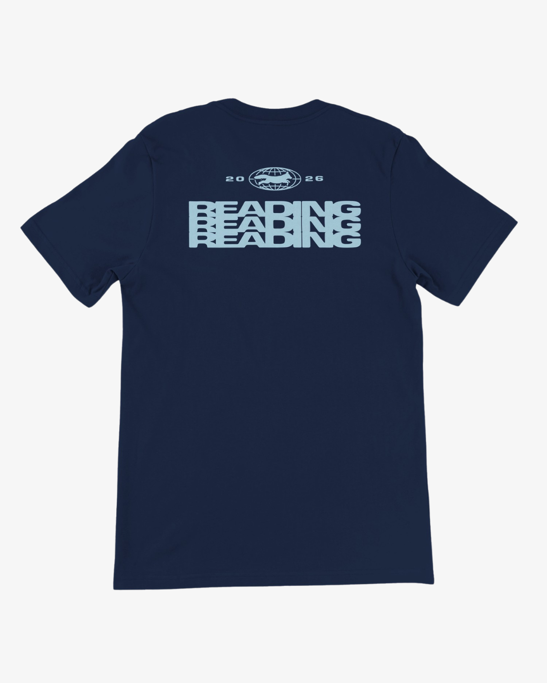 The Click & Collect Reading Blue Repeat Logo T-Shirt by R&L Click & Collect 2026 features “READING” repeated three times in light blue text on the back of a navy blue shirt. Above this, a small globe illustration sits between the numbers “20” and “26.”.