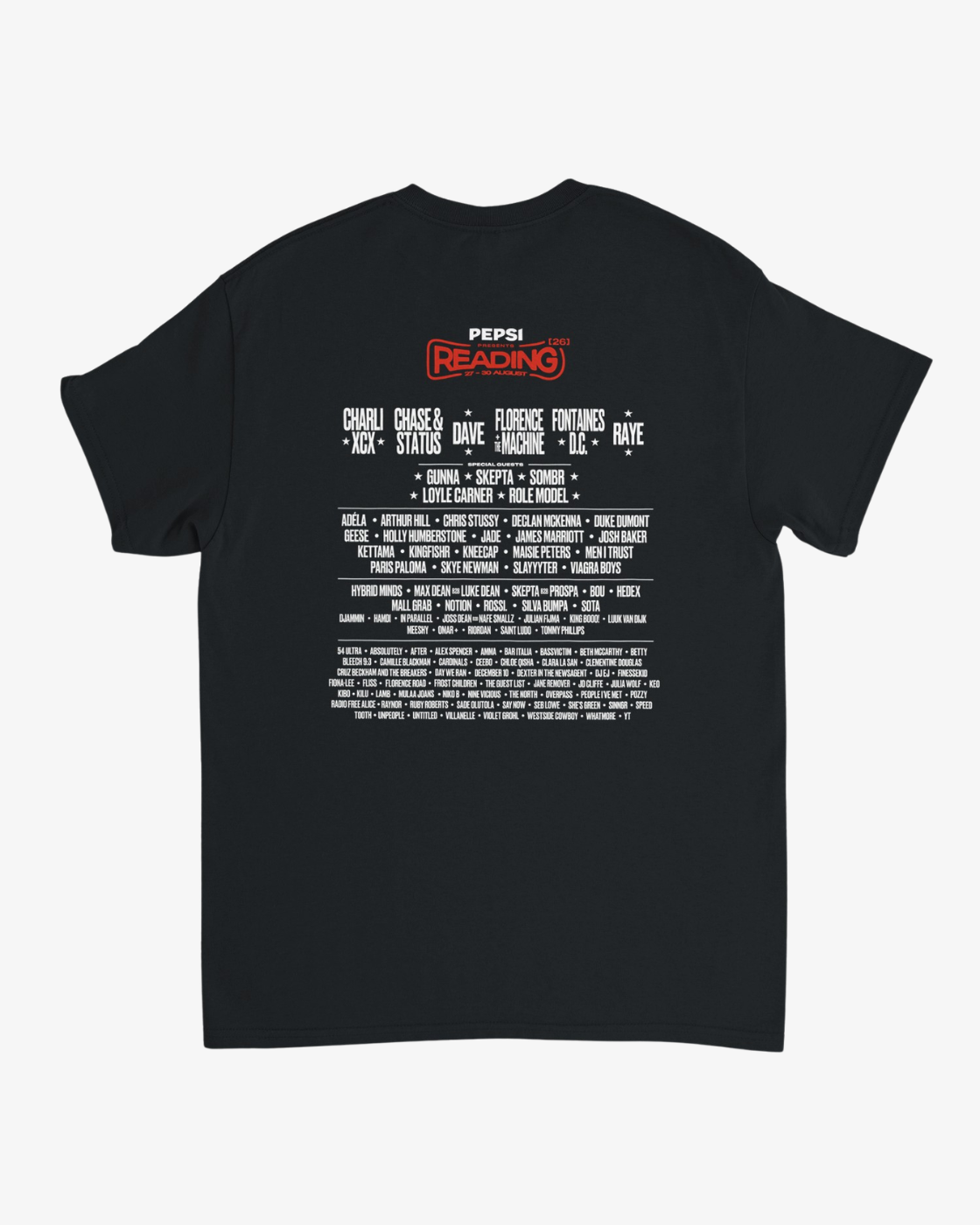 R&L Click & Collect 2026′s Click & Collect 2026 Reading Black Logo Line-Up T-Shirt features a black base with the Pepsi Reading logo on the front and a list of artist names printed in white on the back, styled like a festival lineup poster.