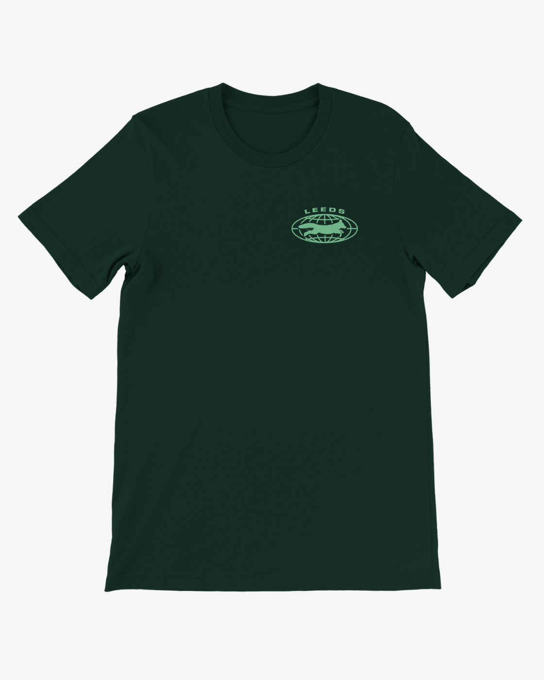 The R&L Click & Collect 2026 Click & Collect Leeds Green Repeat Logo T-Shirt is displayed flat on a white background, featuring a dark green color with a small light green graphic and the word “LEEDS” printed above it on the left chest area.