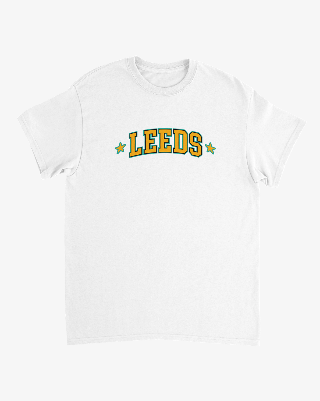The Click & Collect 2026 Leeds White Line-Up T-Shirt by R&L Click & Collect 2026 features bold yellow and green “LEEDS” lettering centered on a plain white background, with a green star on each side of the text.