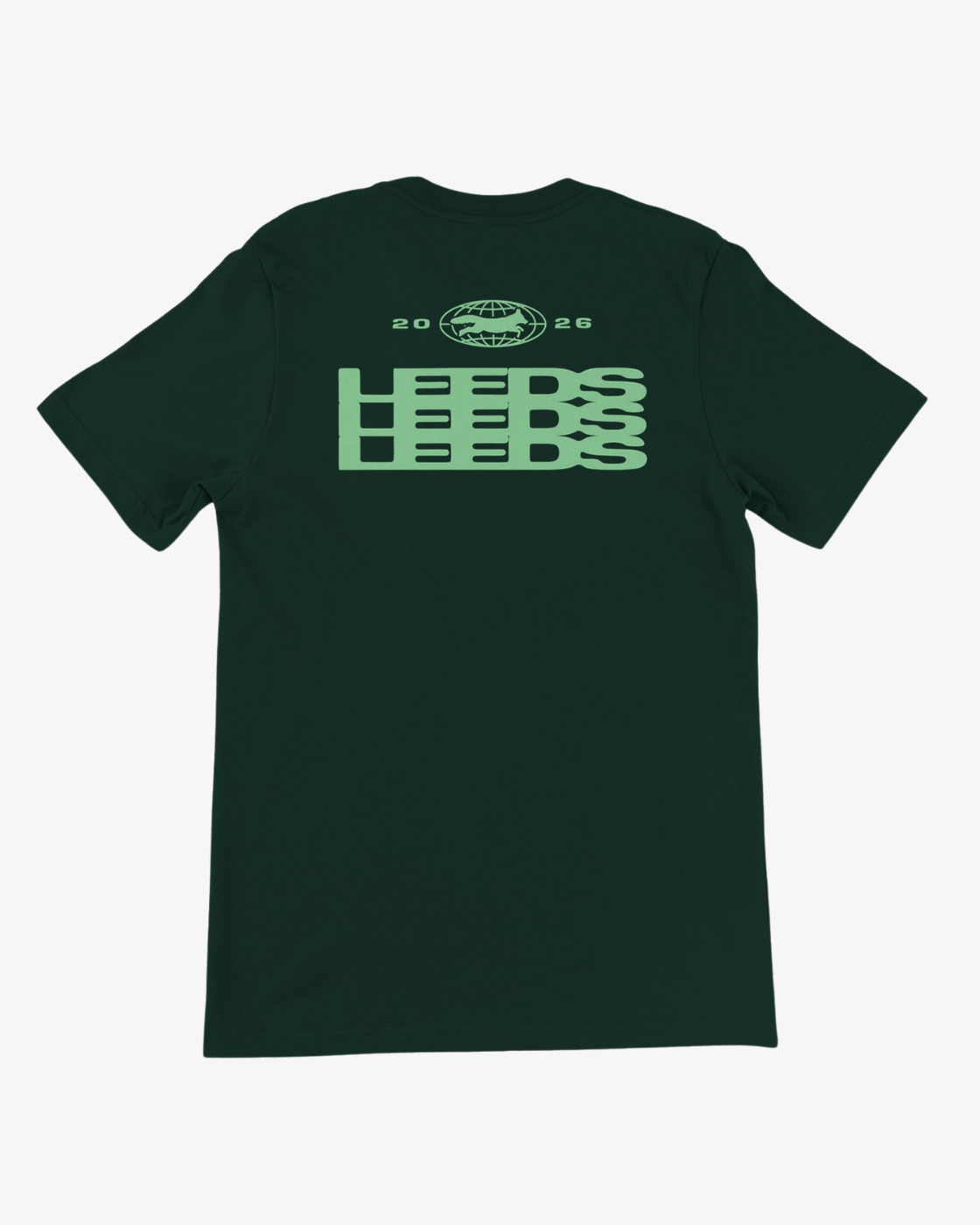 The Click & Collect Leeds Green Repeat Logo T-Shirt by R&L Click & Collect 2026 features a dark green color with “LEEDS” repeated three times in light green text on the back, along with “2026” and a circular logo above it.