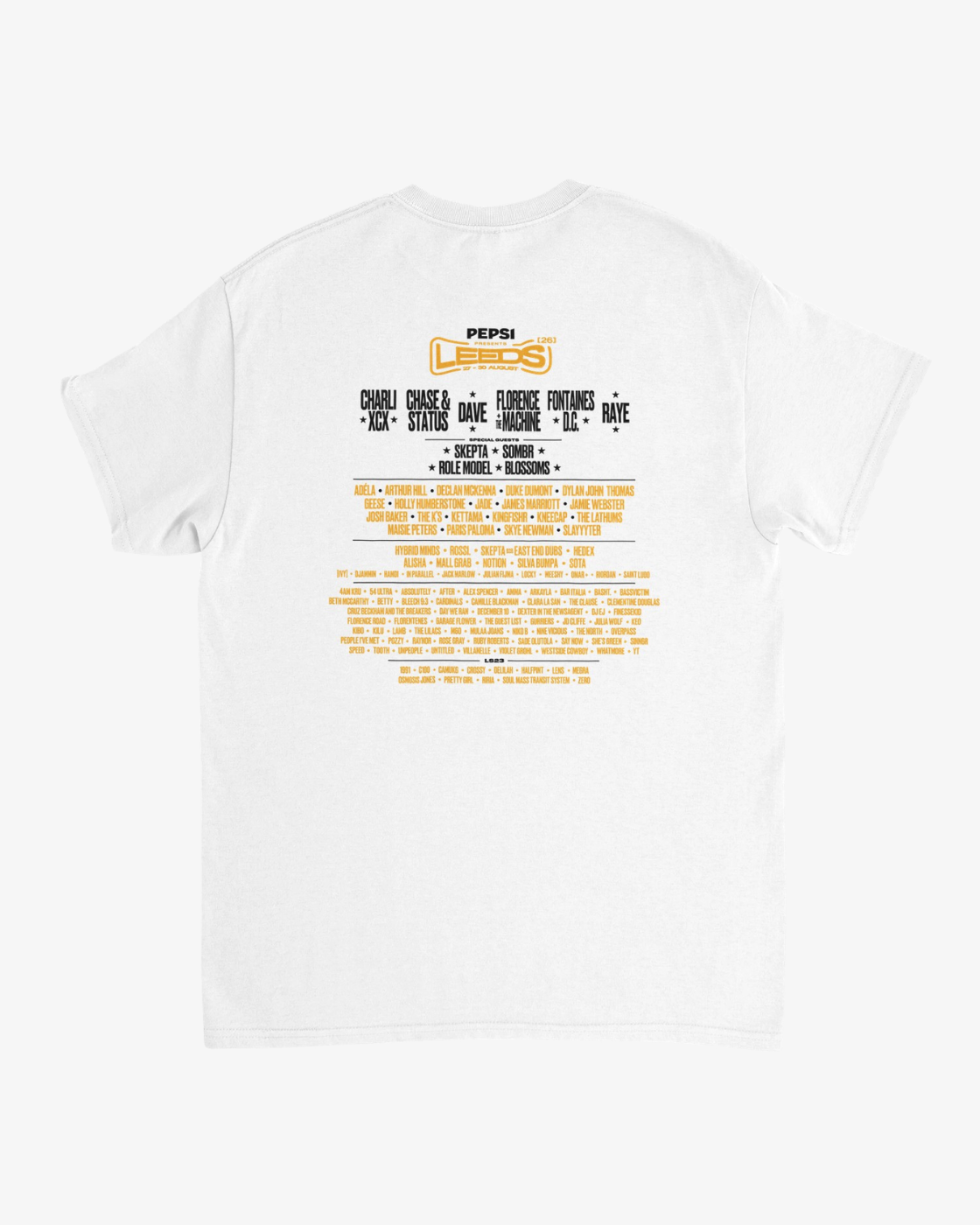 The R&L Click & Collect 2026 Leeds White Line-Up T-Shirt features a festival-inspired design with multiple musician names and event details printed in bold black and yellow text on the back, along with prominent Pepsi and LEEDS logos at the top.