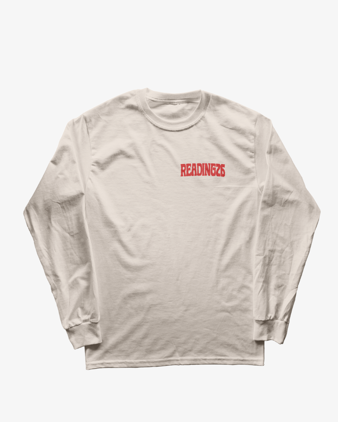 The R&L Click & Collect 2026 “Reading Line-Up” Long Sleeve shirt is displayed laid flat on a plain white background. This white long-sleeve features “READING 26” printed in red text on the upper left chest.