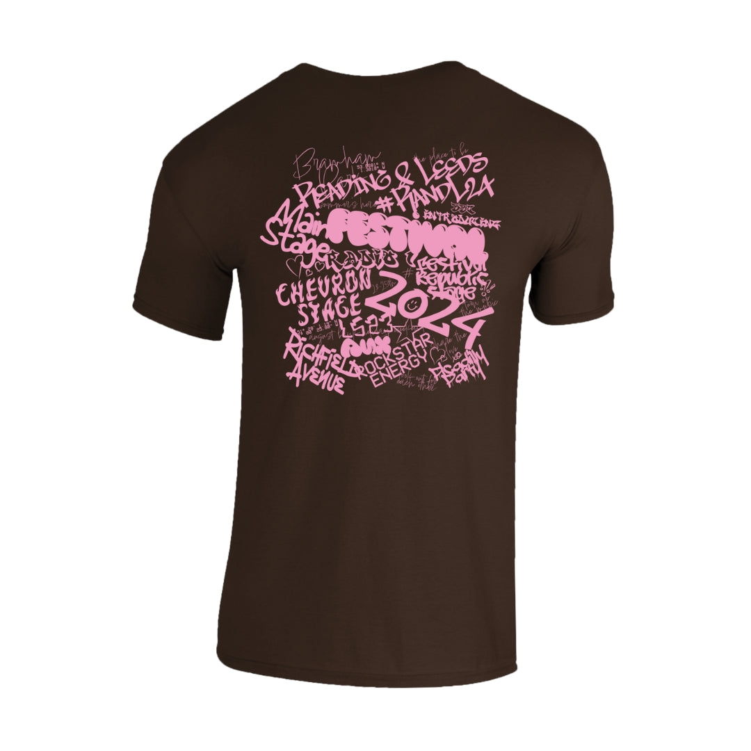 The Reading & Leeds Festival Graffiti T-Shirt is a black tee with pink graffiti-style text, including phrases like Chevron Stage and 2024 scattered on the back—perfect for bold, creative streetwear fans.