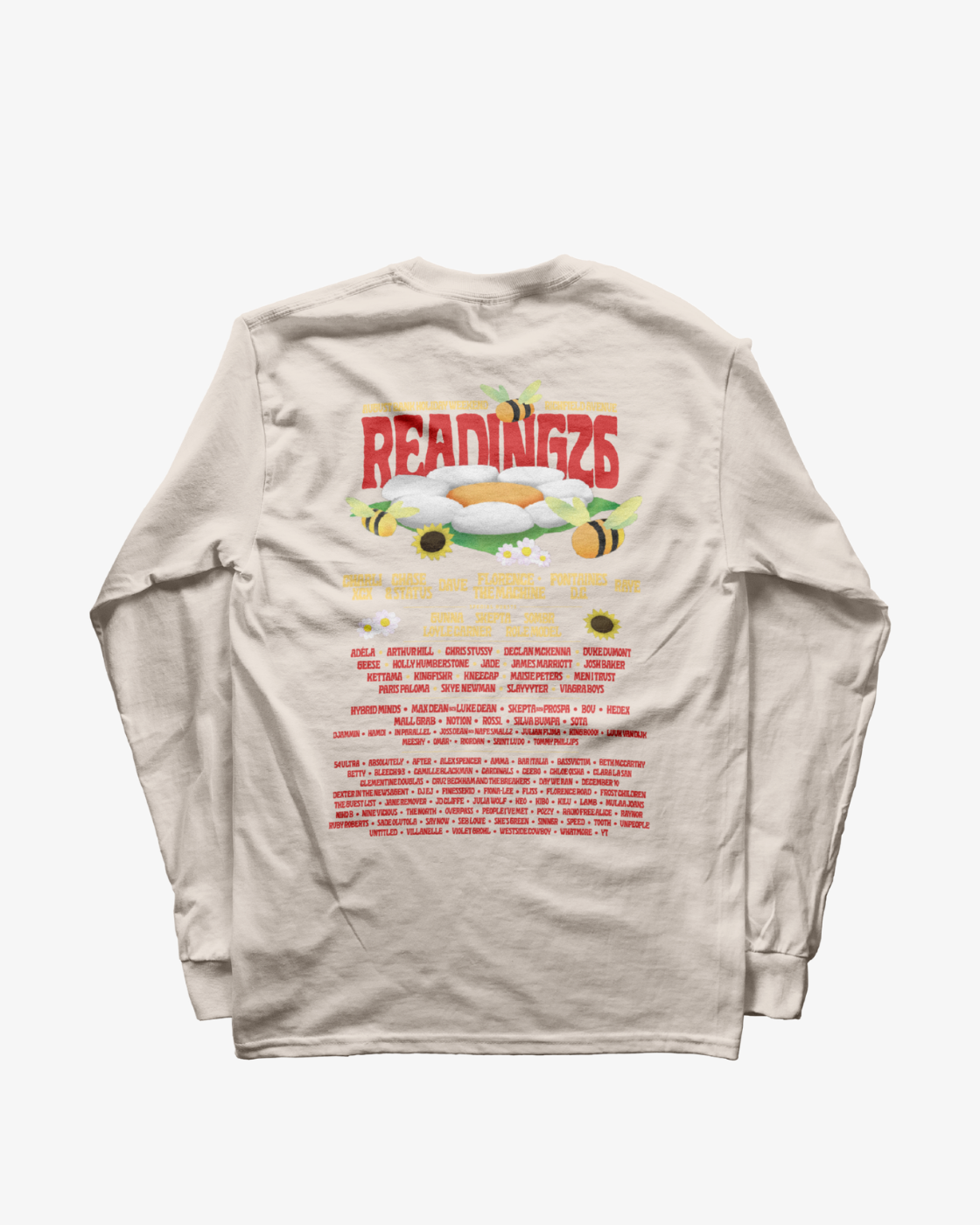 A cream long-sleeve shirt from R&L Click & Collect 2026, the “Click & Collect 2026 Reading Line-Up Long Sleeve,” features “READING 26” and bee graphics above a red festival-style band lineup on the back.