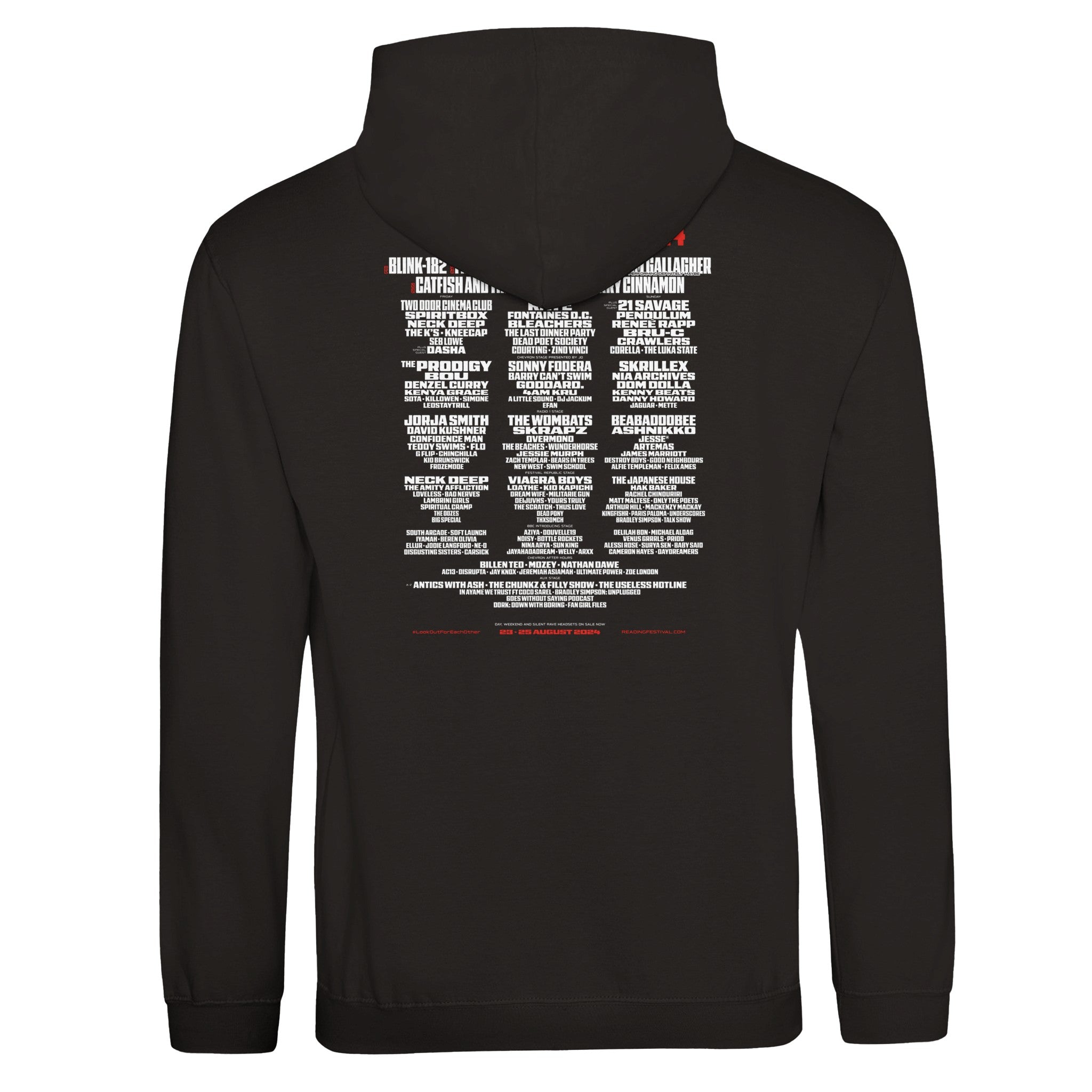 The Reading 2024 Line Up Black Hoodie by Reading & Leeds Festival features the event’s lineup in bold white and red text on the back. Made-to-order with a unisex fit, this hoodie offers versatile comfort and festival-ready style.