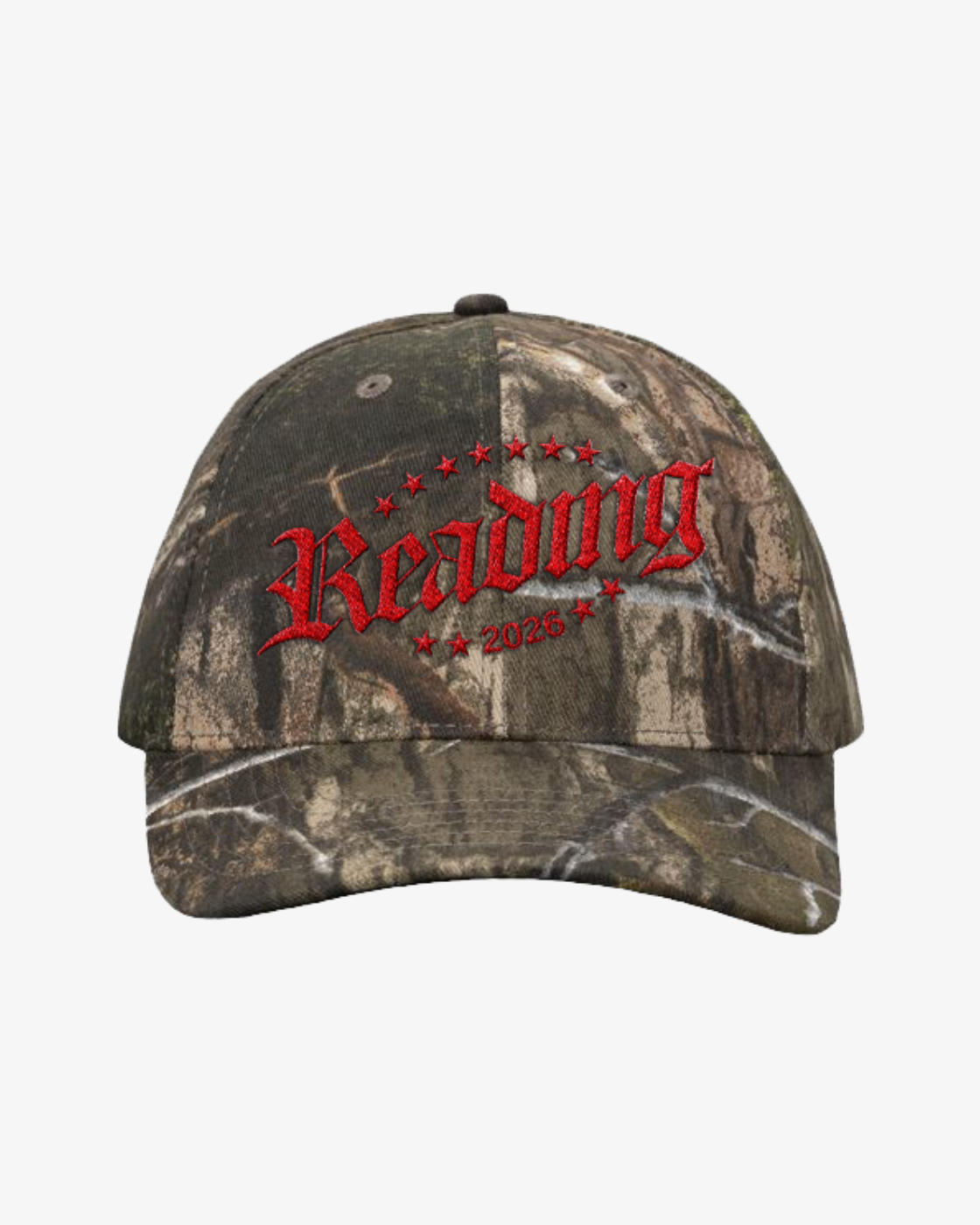 The Click & Collect Reading Cap by R&L Click & Collect 2026 is a camouflage baseball cap featuring “Reading 2026” embroidered in red gothic lettering, with stars above and below the text.