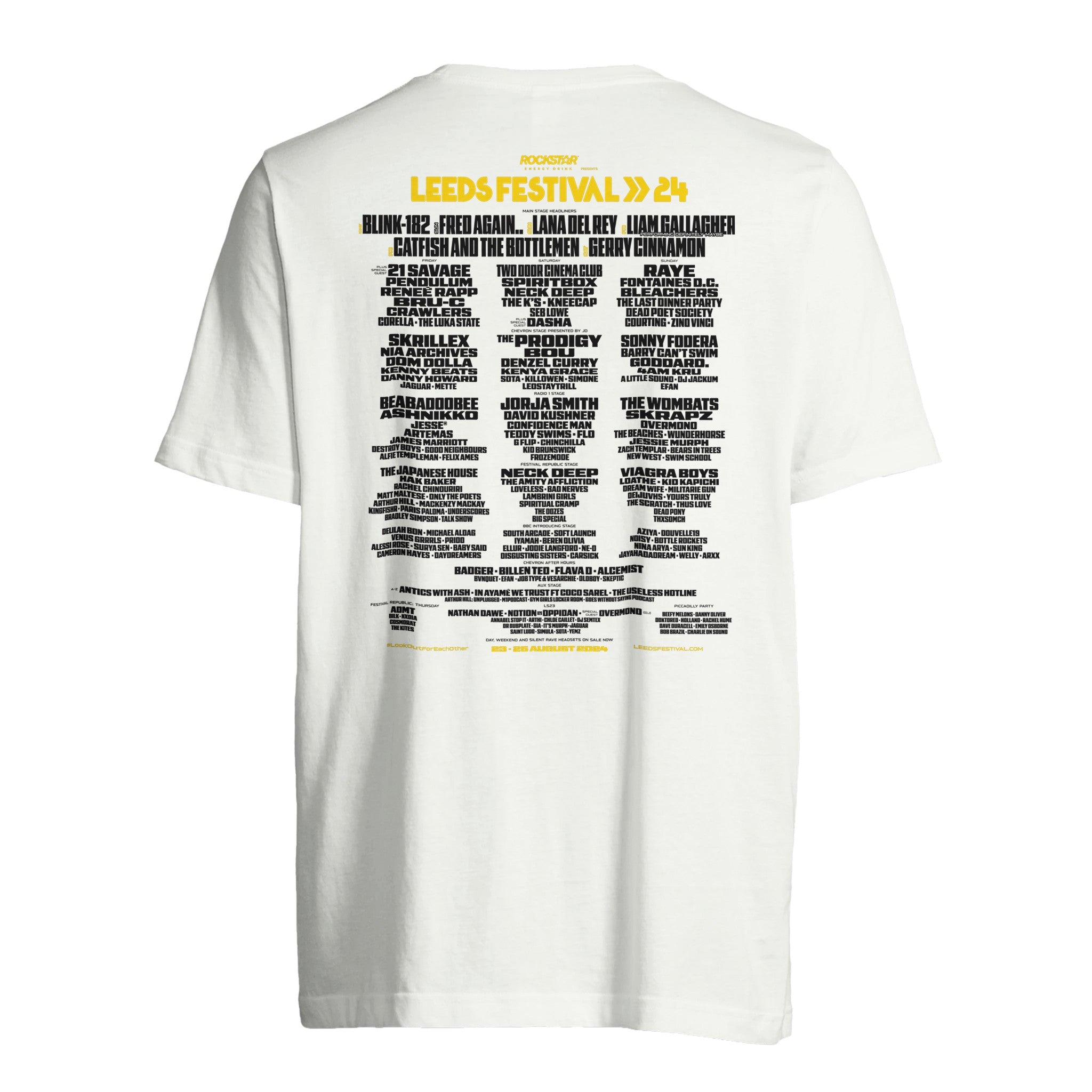 The Leeds 2024 Line Up T-Shirt by Reading & Leeds Festival is a white unisex tee featuring “Leeds Festival 24” in yellow on the front and a black-printed performer lineup on the back. Made from high-quality cotton for comfort.