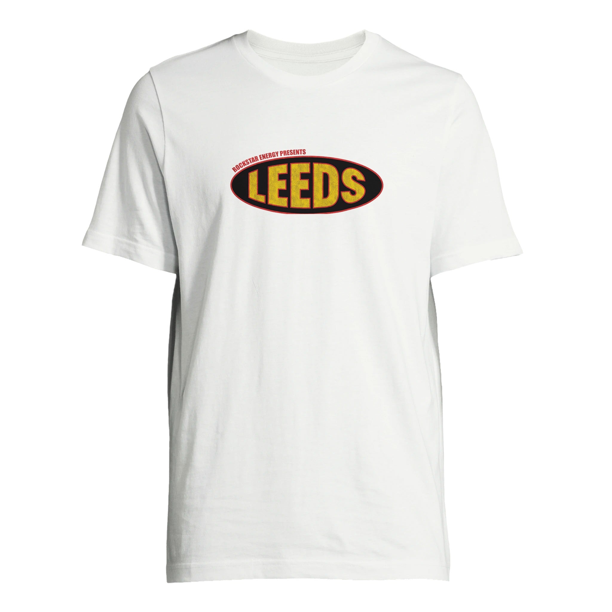 The Leeds 2024 Line Up T-Shirt by Reading & Leeds Festival is a white unisex cotton tee, featuring an oval chest logo with bold yellow LEEDS lettering and MONDAY NIGHT PRESENTS in small red text above.