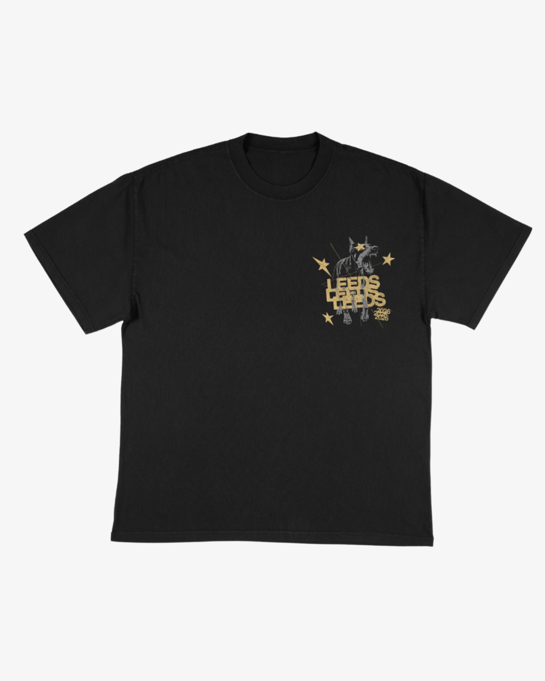 Black Click & Collect Leeds Dog T-Shirt by R&L Click & Collect 2026 featuring a small stylized wolf graphic, gold stars, and bold gold “LEEDS LEEDS LEEDS” text on the left chest.