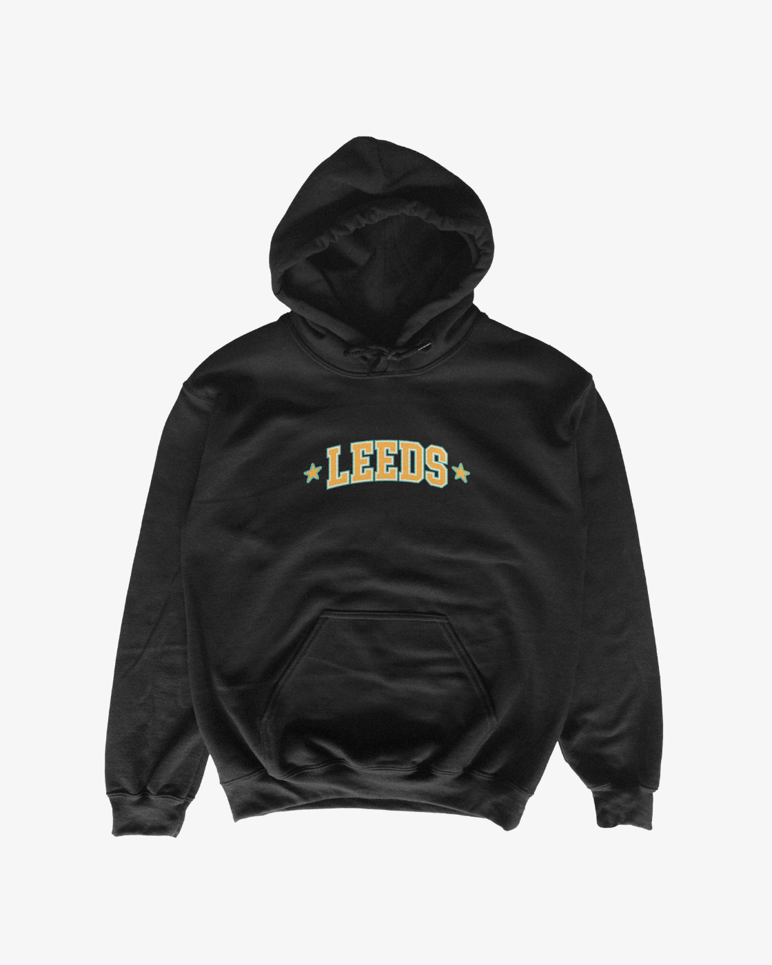 The R&L Click & Collect 2026 Leeds Line-Up Hoodie is a black hooded sweatshirt featuring a front pocket and the word “LEEDS” printed in bold yellow letters across the chest, with yellow stars on either side.