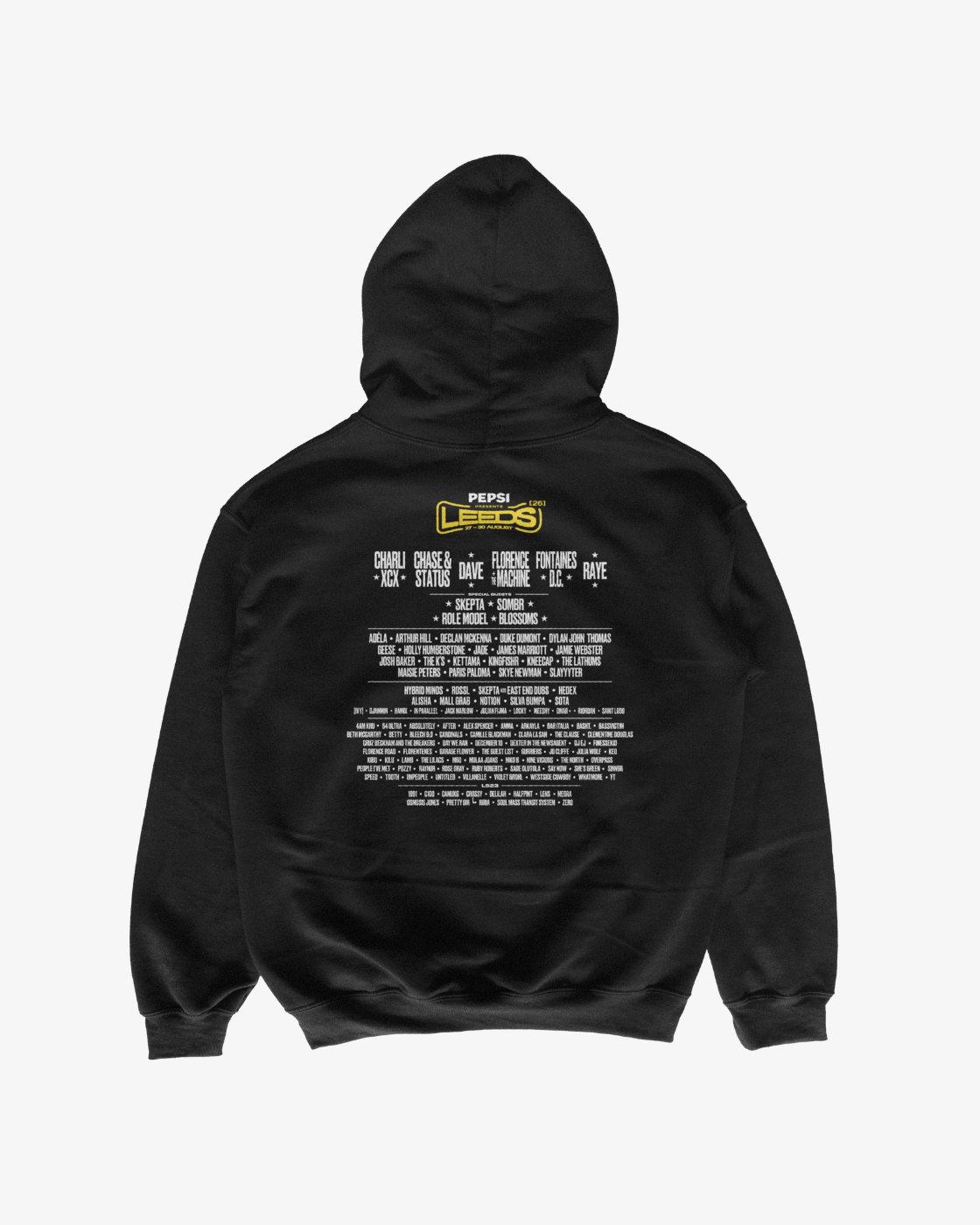 Black hoodie from R&L Click & Collect 2026, featuring the “Click & Collect 2026 Leeds Line-Up” design with prominent logos on the back and bold yellow and white text listing names and event details, reminiscent of a concert tour shirt style.