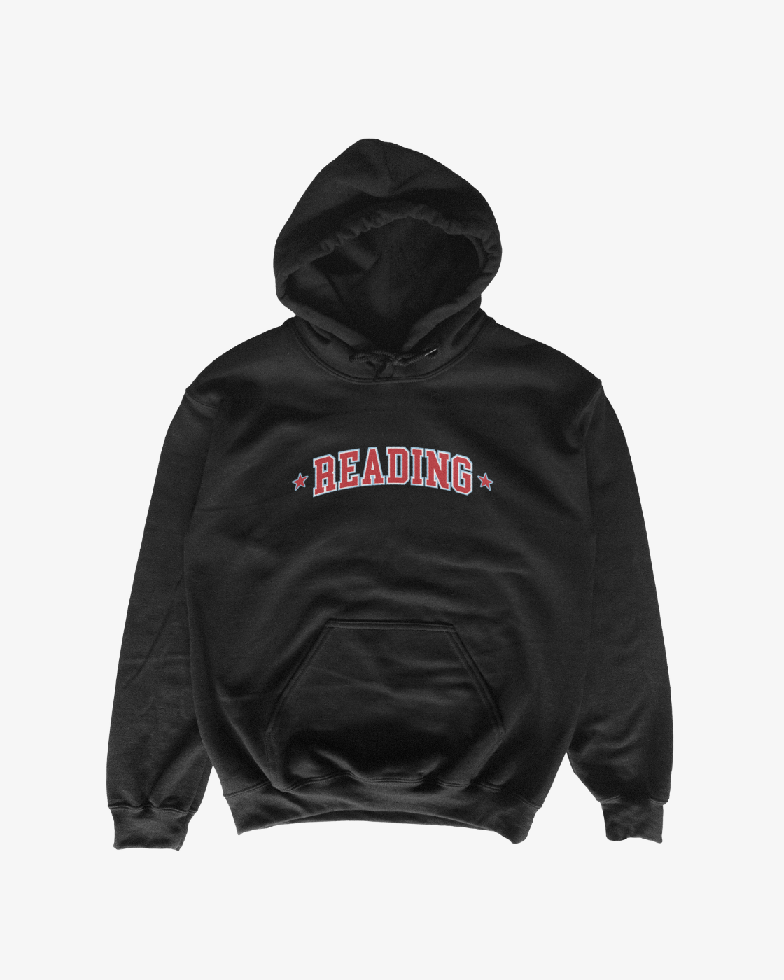 The R&L Click & Collect 2026 Reading Logo Line-Up Hoodie is a black hoodie featuring a front pocket and the word “READING” in bold red and white letters across the chest, flanked by small stars, shown here on a plain white background.