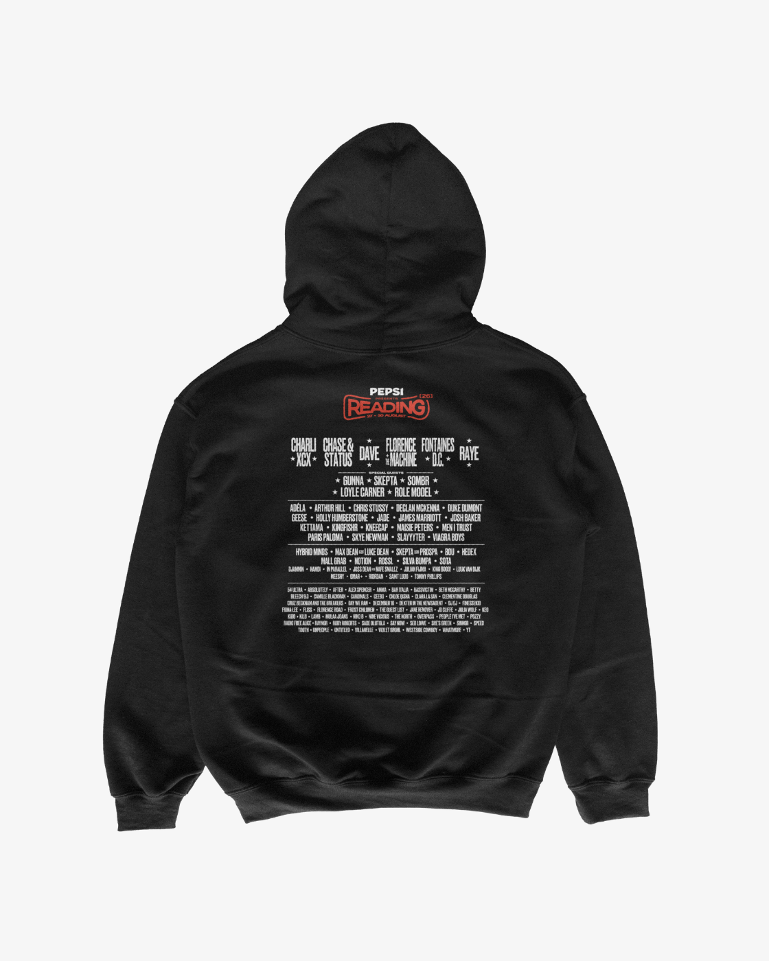 Sure! Here’s the rewritten sentence using your product data: The R&L Click & Collect 2026 Click & Collect 2026 Reading Logo Line-Up Hoodie is a black hoodie featuring white text and a bold red READING block logo on the back, styled like a concert lineup poster. Under the PEPSI READING heading, it displays multiple lines listing various artists and events.