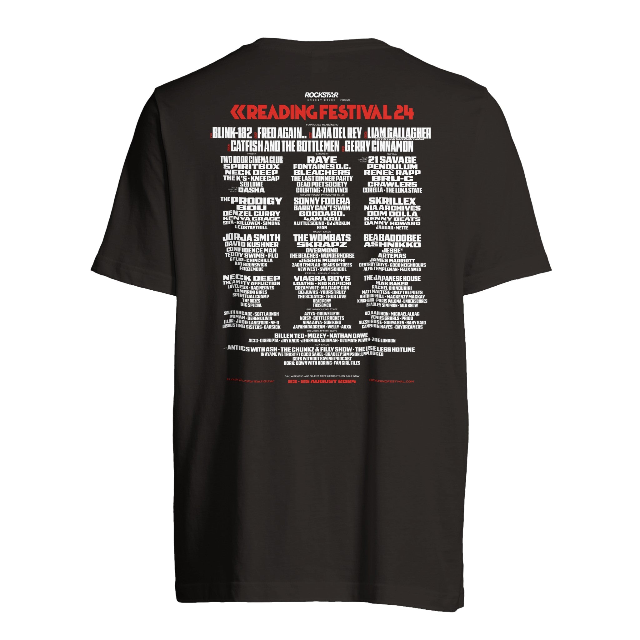 The Reading & Leeds Festival Reading 2024 Stage Line Up T-Shirt is a black unisex cotton tee featuring READING FESTIVAL 24 in red and a white lineup of artists—a stylish tribute to the event.