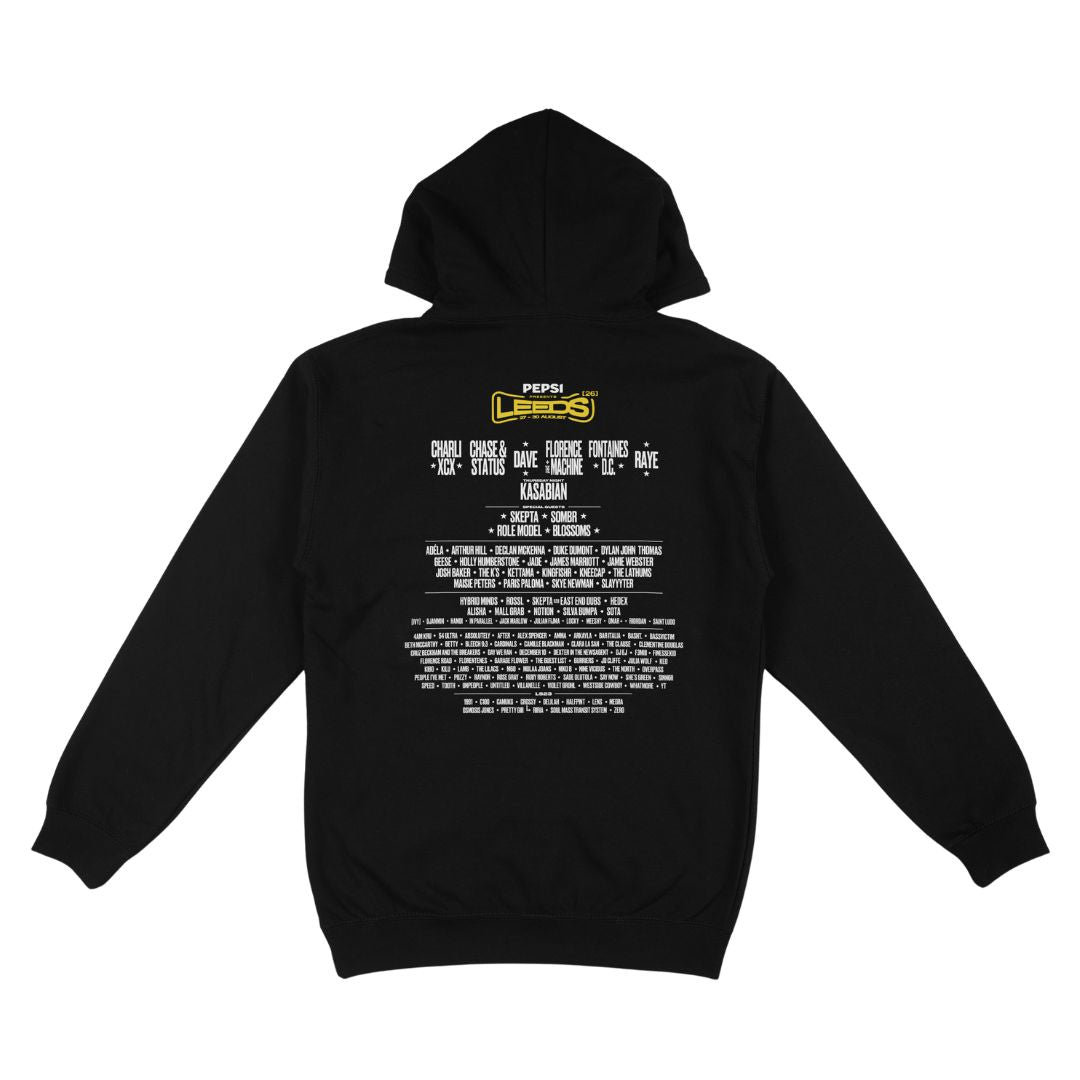 Show your festival spirit with the Leeds Festival 2026 Line-Up Black Hoodie from Reading & Leeds Festival. This super soft Ringspun Cotton hoodie features a comfortable unisex fit and showcases the iconic Pepsi Presents Leeds logo on the front. The back is adorned with a white print listing music artists and events in the style of a classic concert lineup poster—making it the perfect choice for fans of all styles.