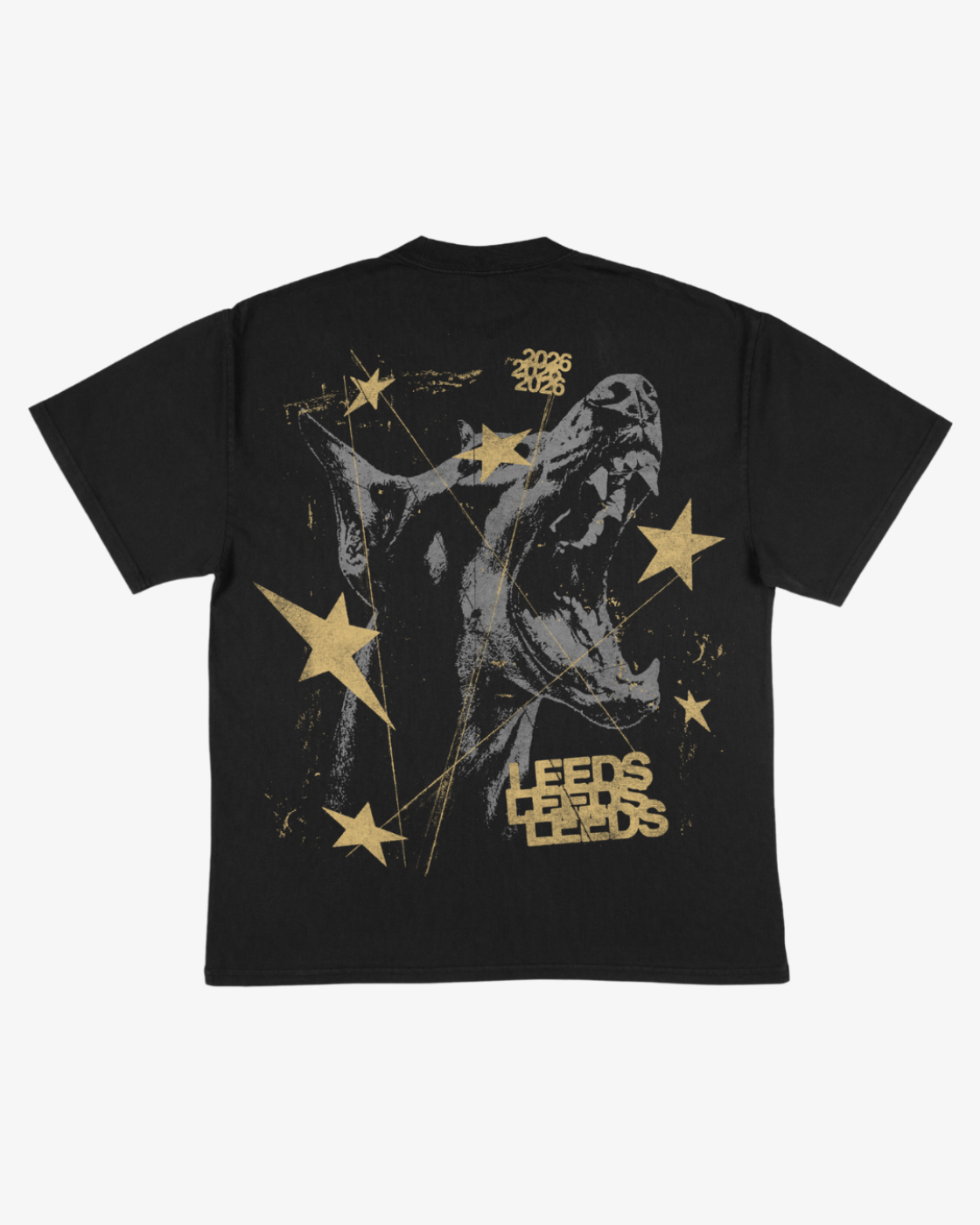 The Click & Collect Leeds Dog T-Shirt by R&L Click & Collect 2026 is a black T-shirt featuring an abstract graphic of a singer with gold stars and the text “Leeds” and “2023” in gold and white on the back.