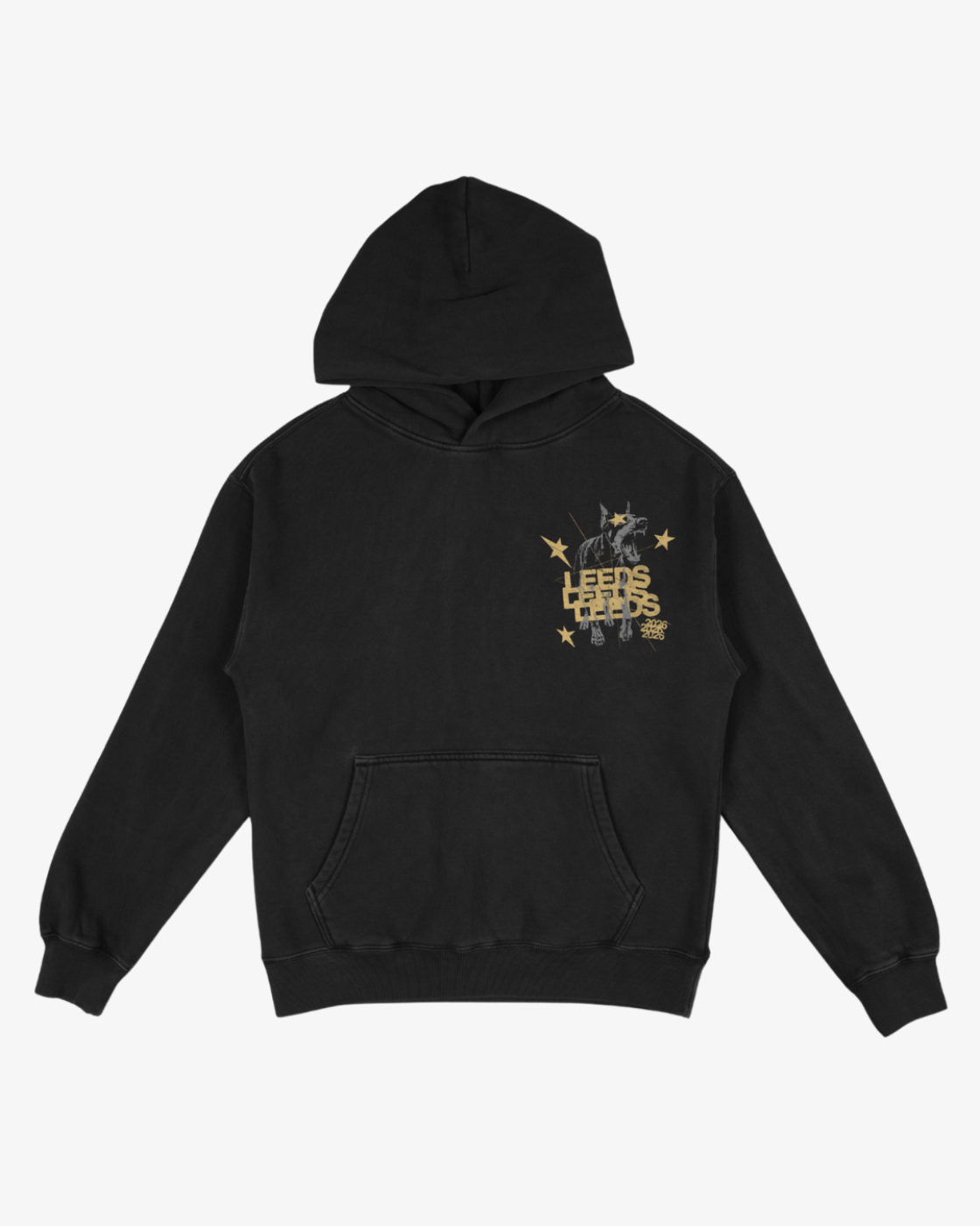 Introducing the Click & Collect Leeds Dog Hoodie by R&L Click & Collect 2026: a black hooded sweatshirt with a front pocket, featuring a gold and white graphic of a goat among stars and the word “LEEDS” repeated three times vertically on the upper left chest.