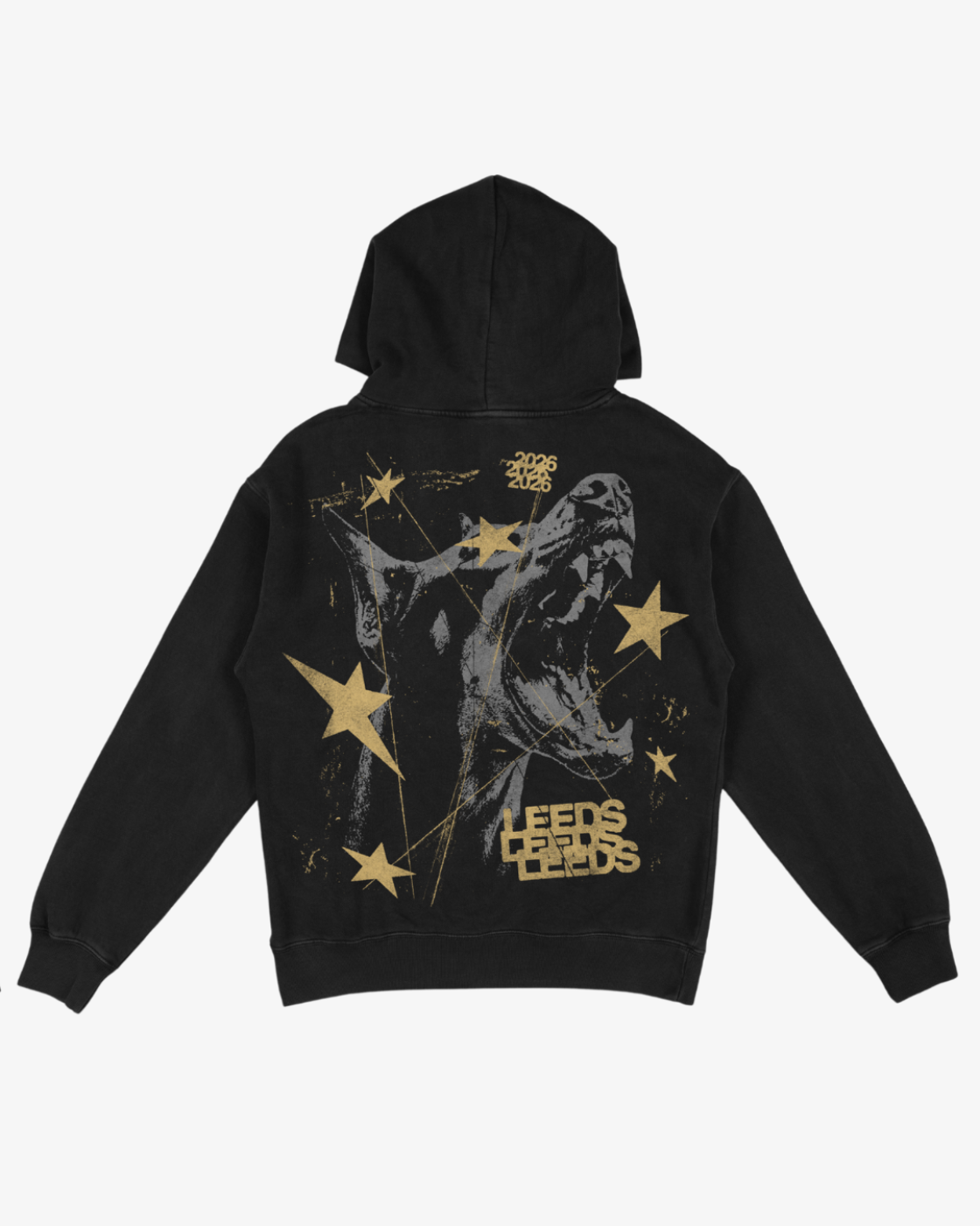 The Click & Collect Leeds Dog Hoodie by R&L Click & Collect 2026 is a black hoodie featuring a graphic on the back with a grayscale figure, yellow stars, and bold yellow text that reads LEEDS and 2023 LEEDS in an artistic, distressed style.