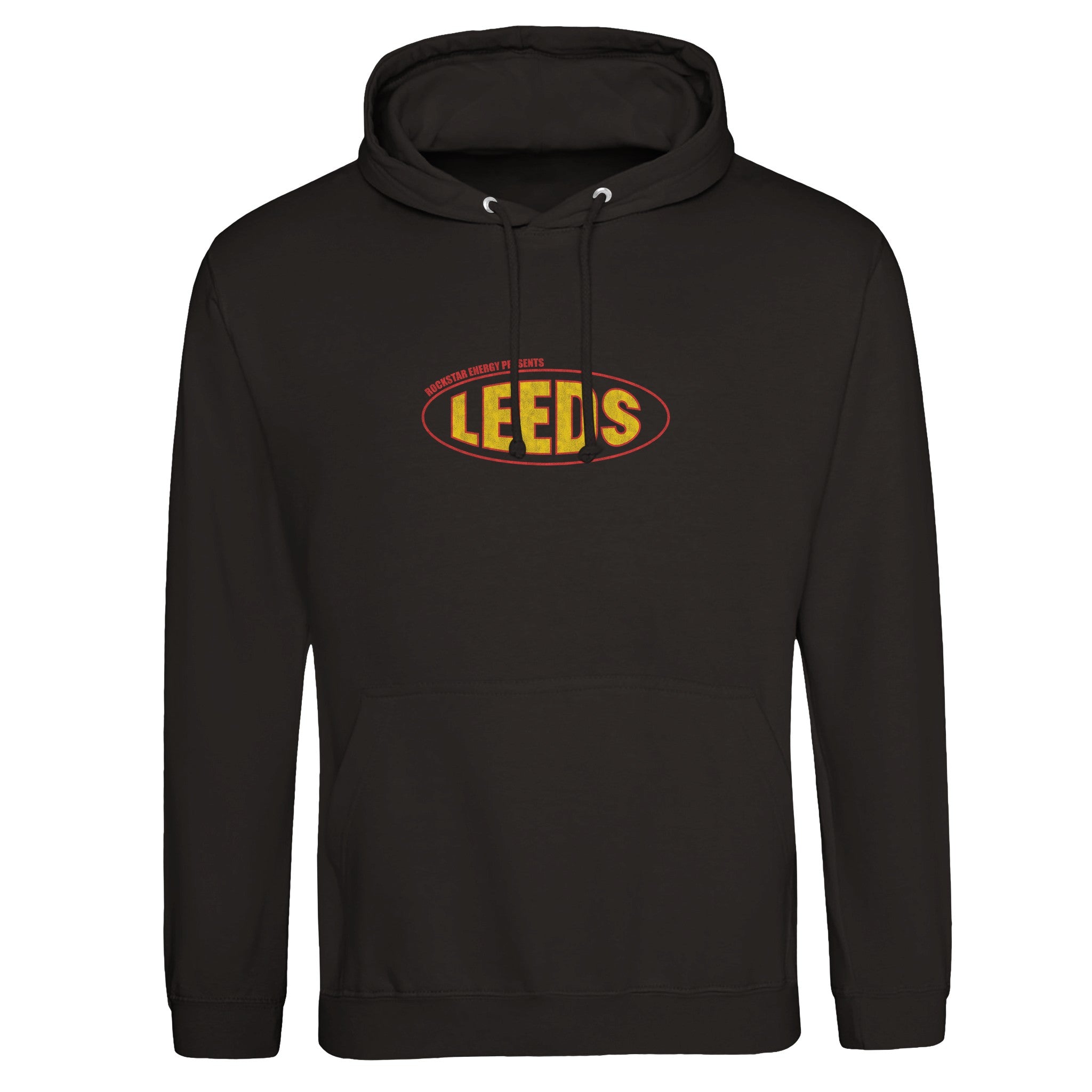 The Leeds 2024 Line Up Black Hoodie by Reading & Leeds Festival is a soft ringspun cotton unisex sweatshirt with a front pocket, white drawstrings, and an oval LEEDS logo in bold yellow and red. Made-to-order for comfort and style.